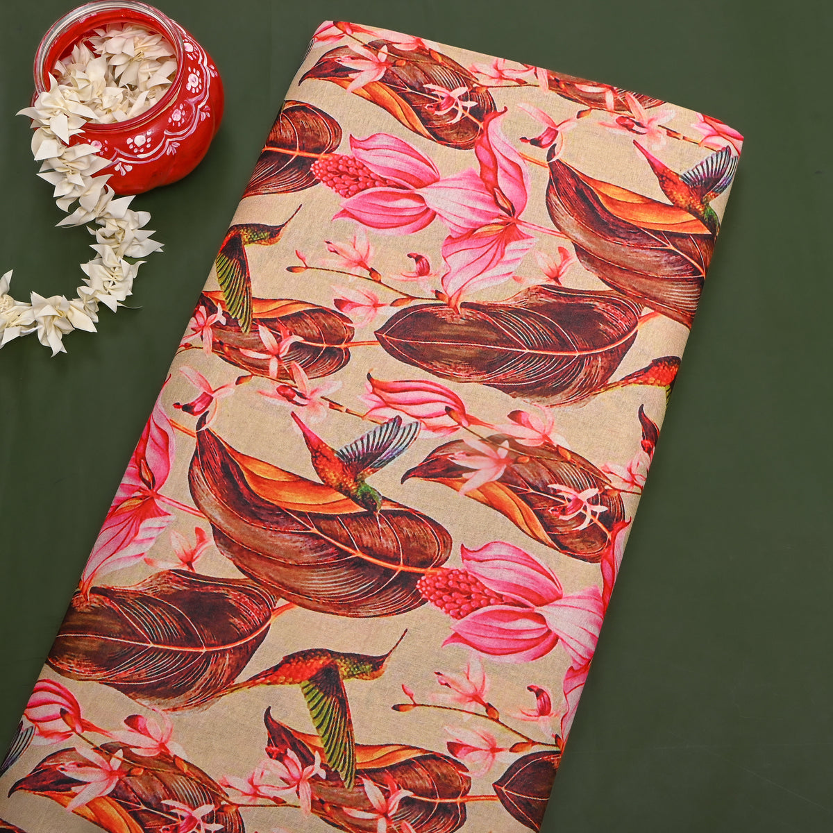 Fawn Hummingbird Floral Print Tusser Fabric