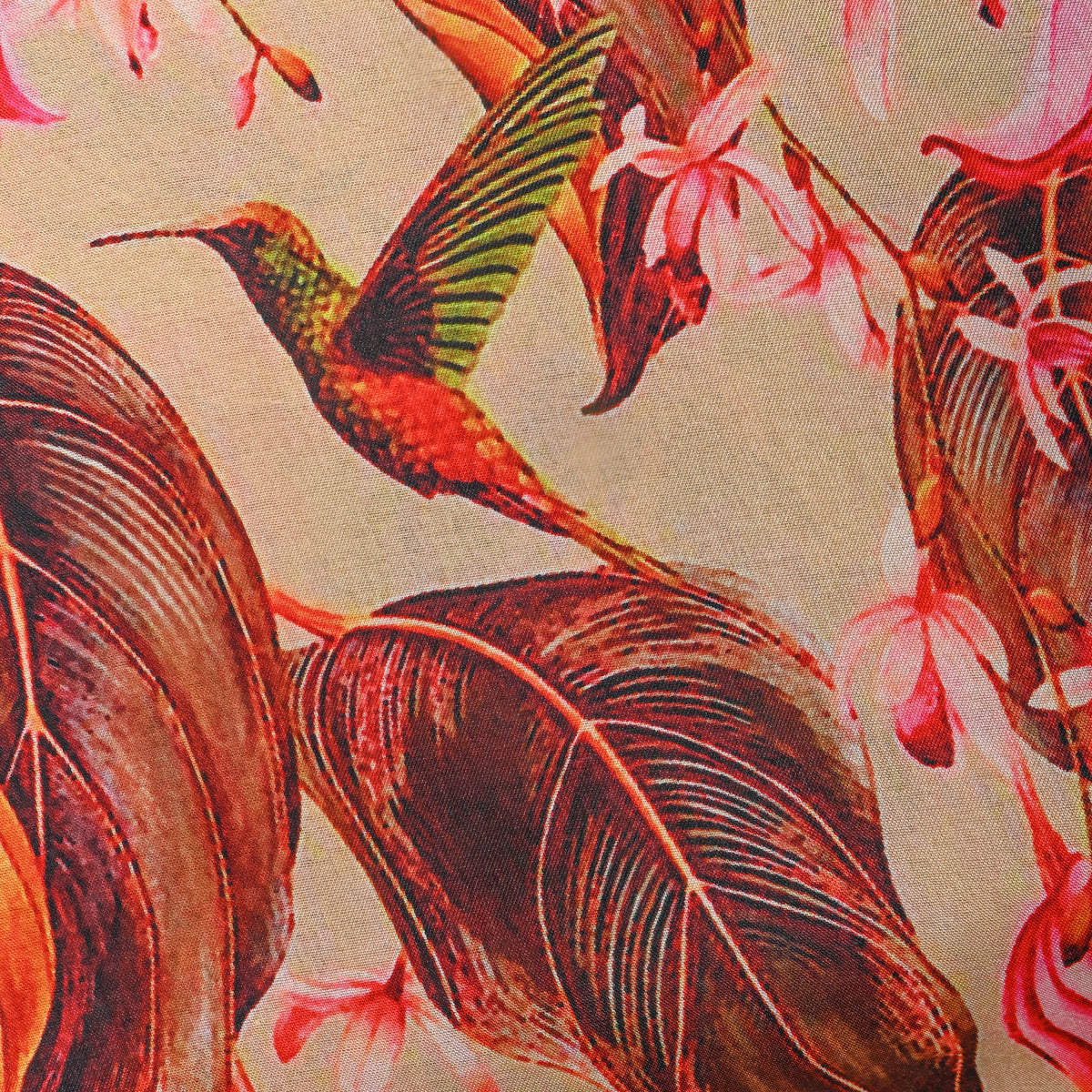 Fawn Hummingbird Floral Print Tusser Fabric