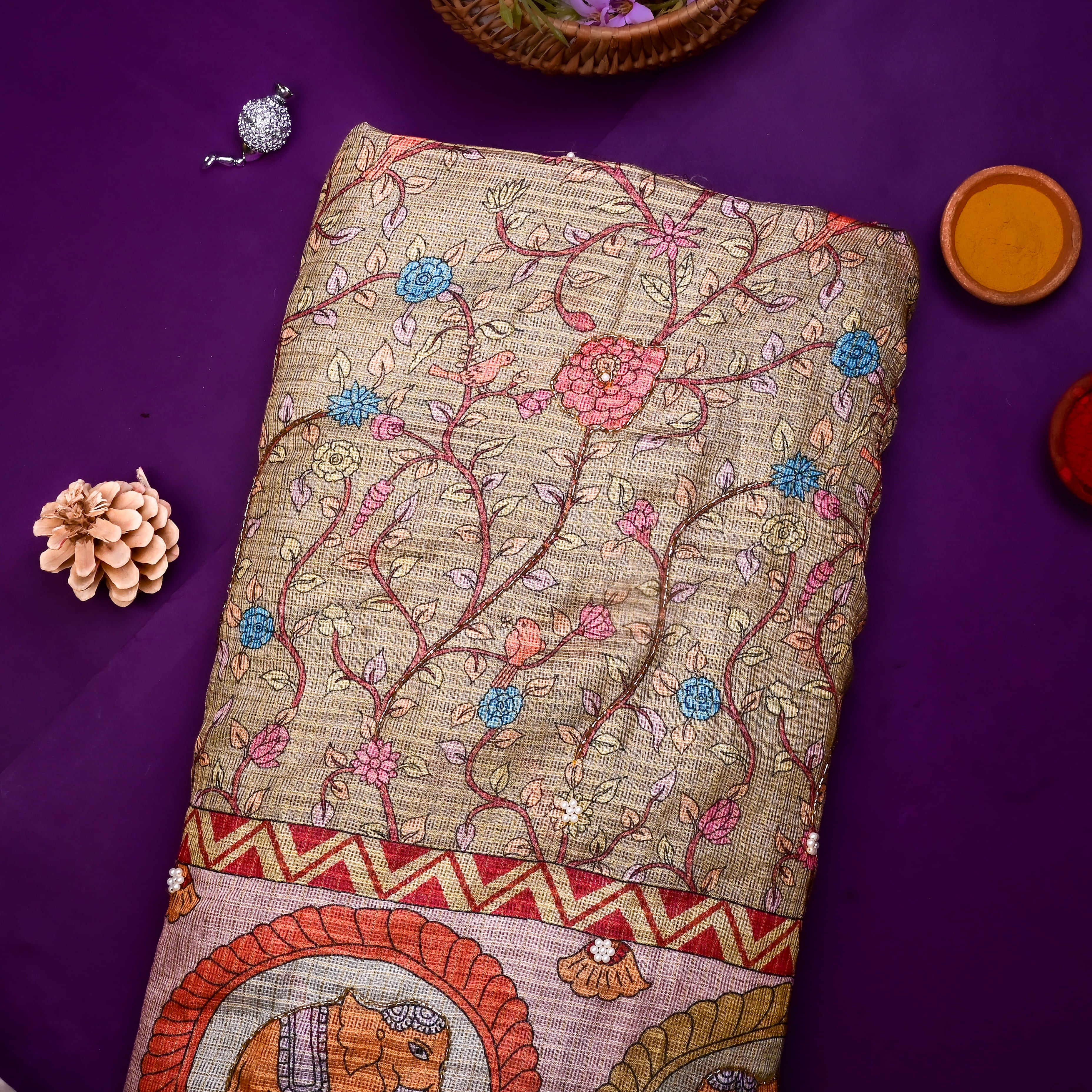 Beige Kota Fabric With Printed Embroidery