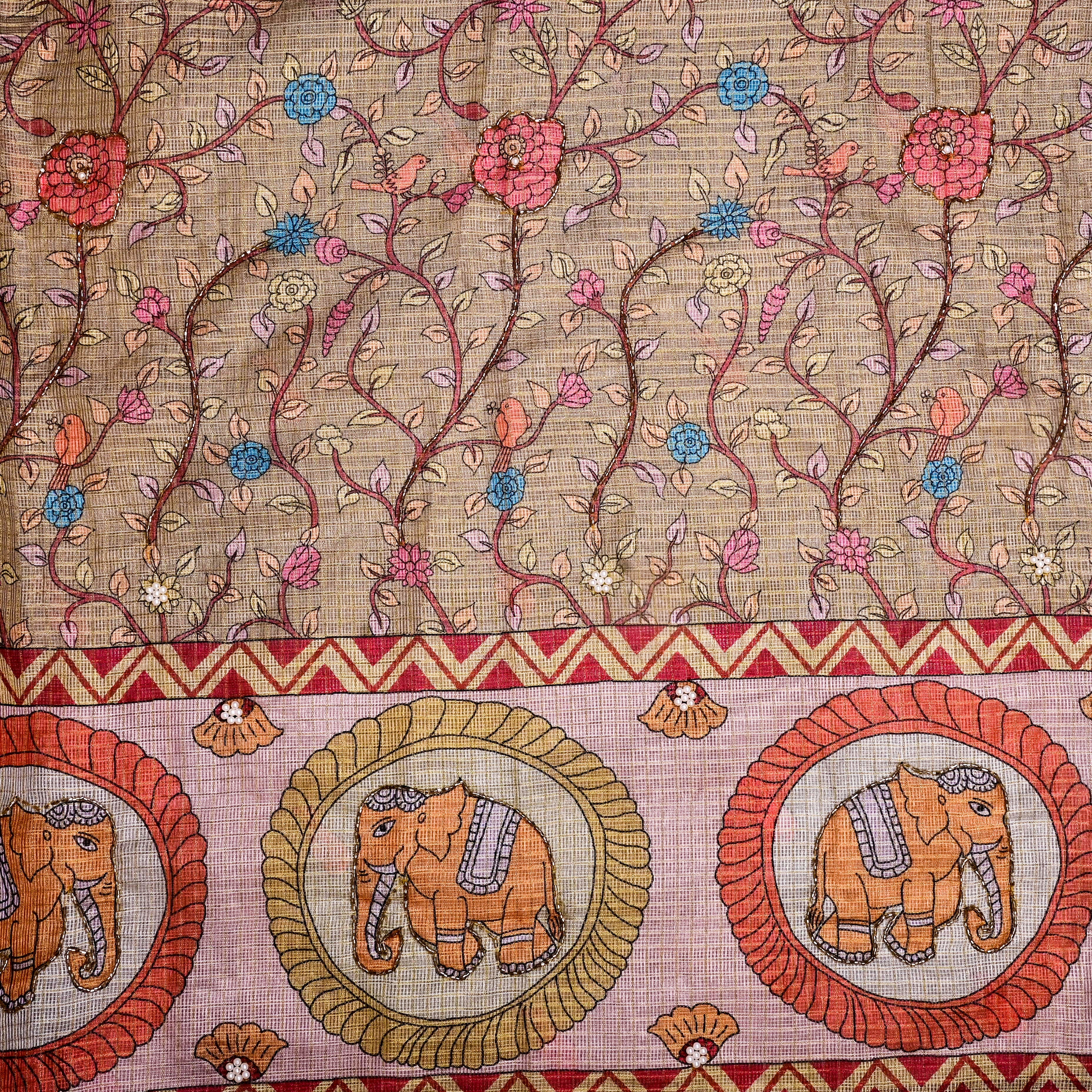 Beige Kota Fabric With Printed Embroidery