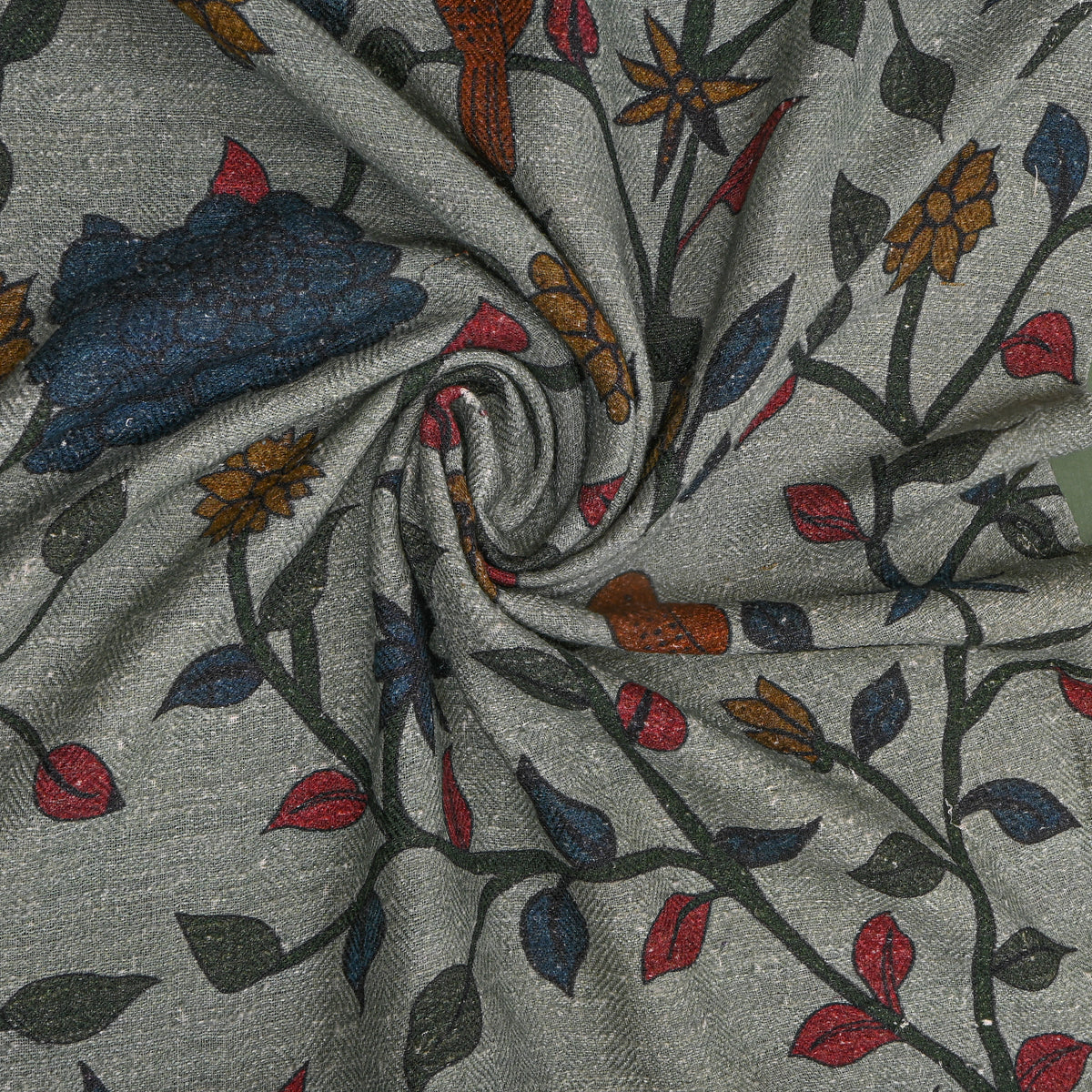 Sage Bird Vine Jaal Digital Print Raw Silk Fabric