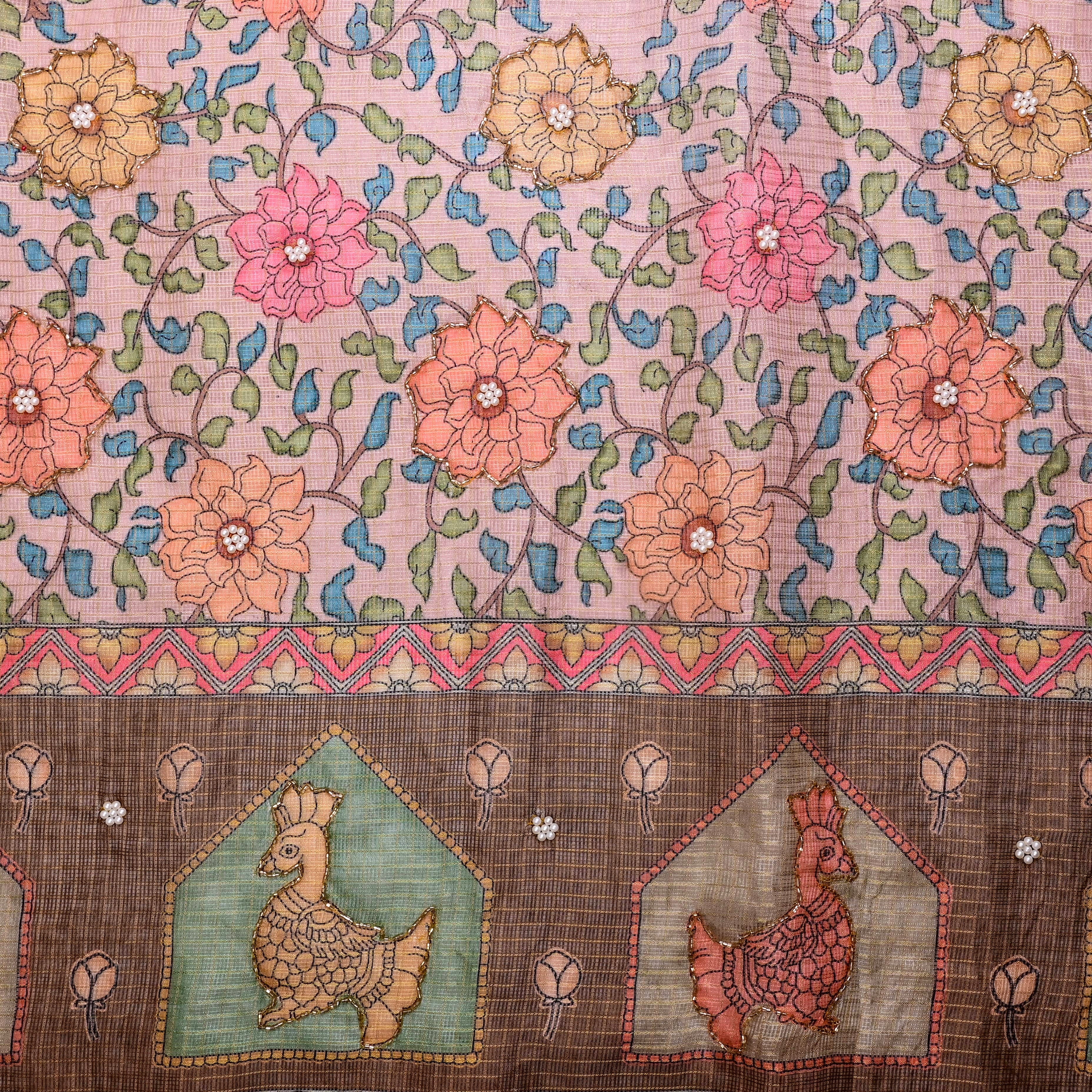 Soft Pink Kota Fabric With Printed Embroidery