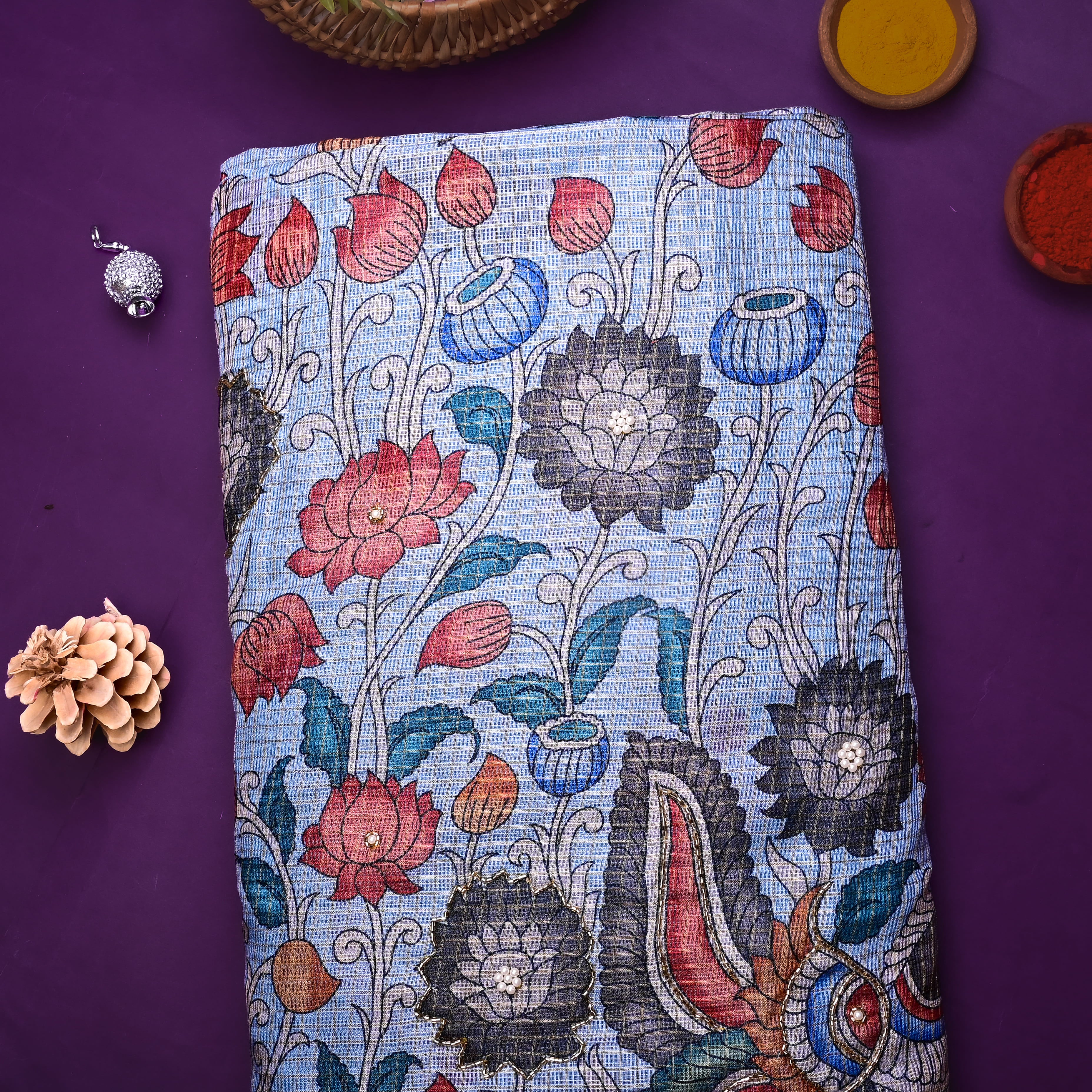 Pale Cornflower Blue Kota Fabric With Printed Embroidery