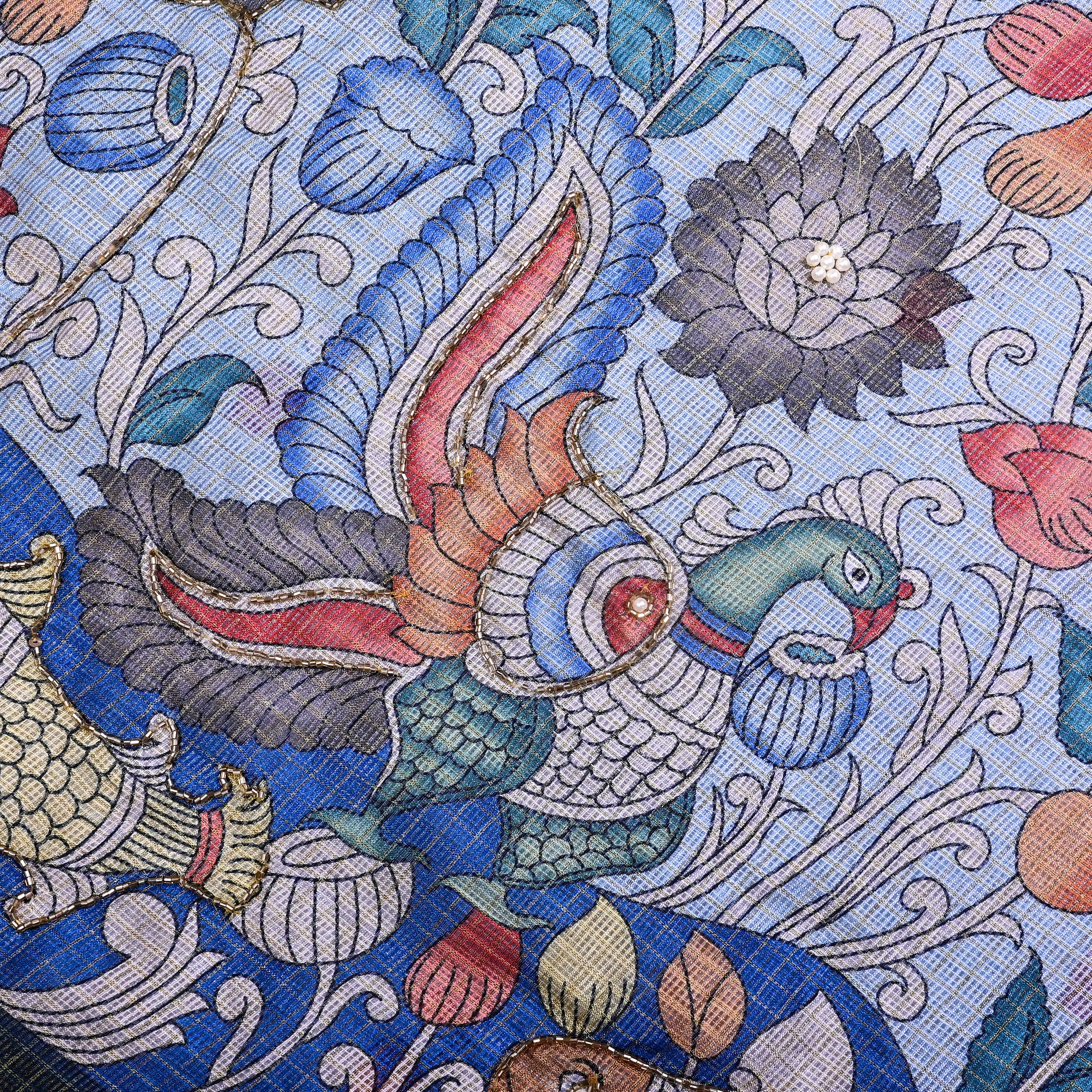 Pale Cornflower Blue Kota Fabric With Printed Embroidery