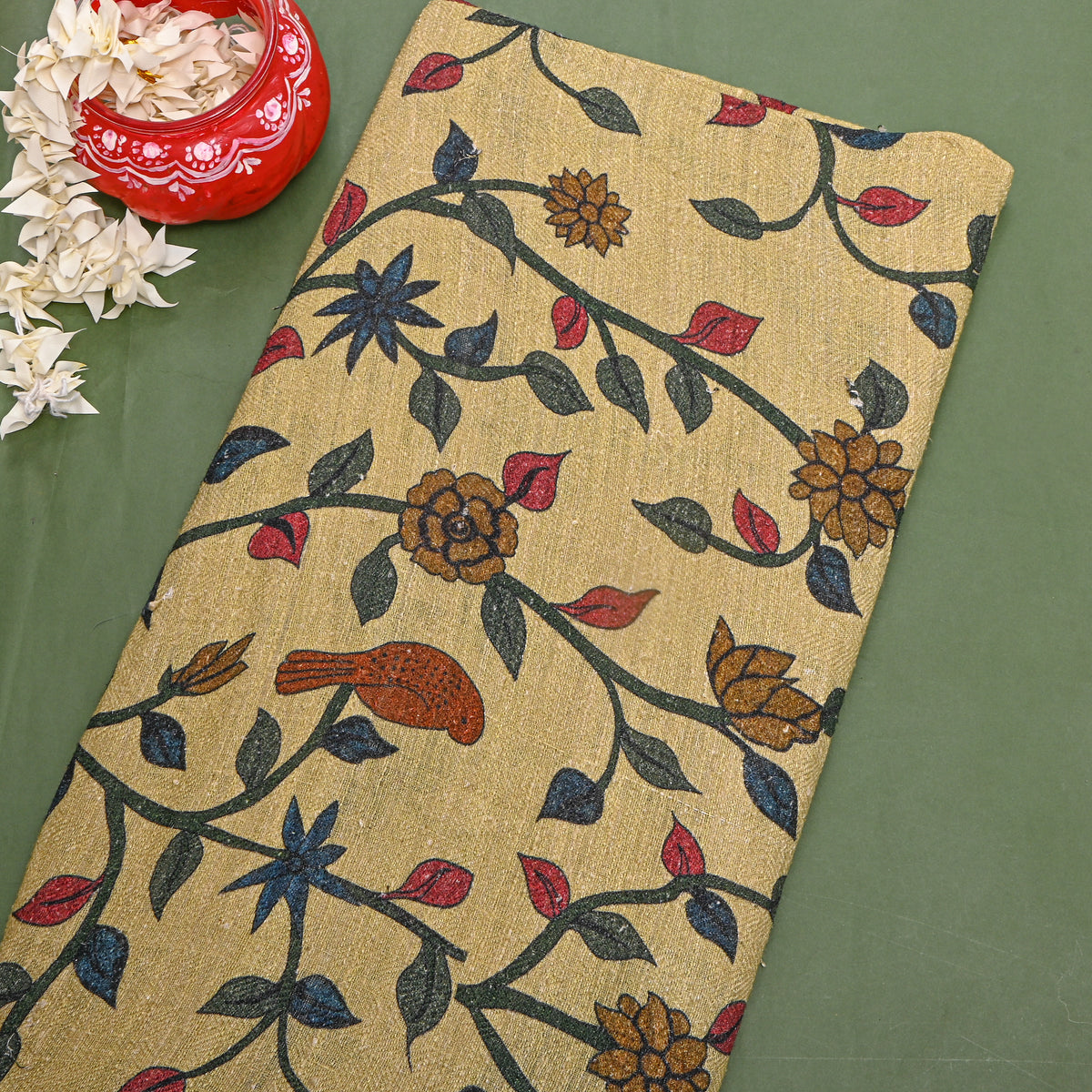 Butter Yellow Floral Jaal Digital Print Raw Silk Fabric