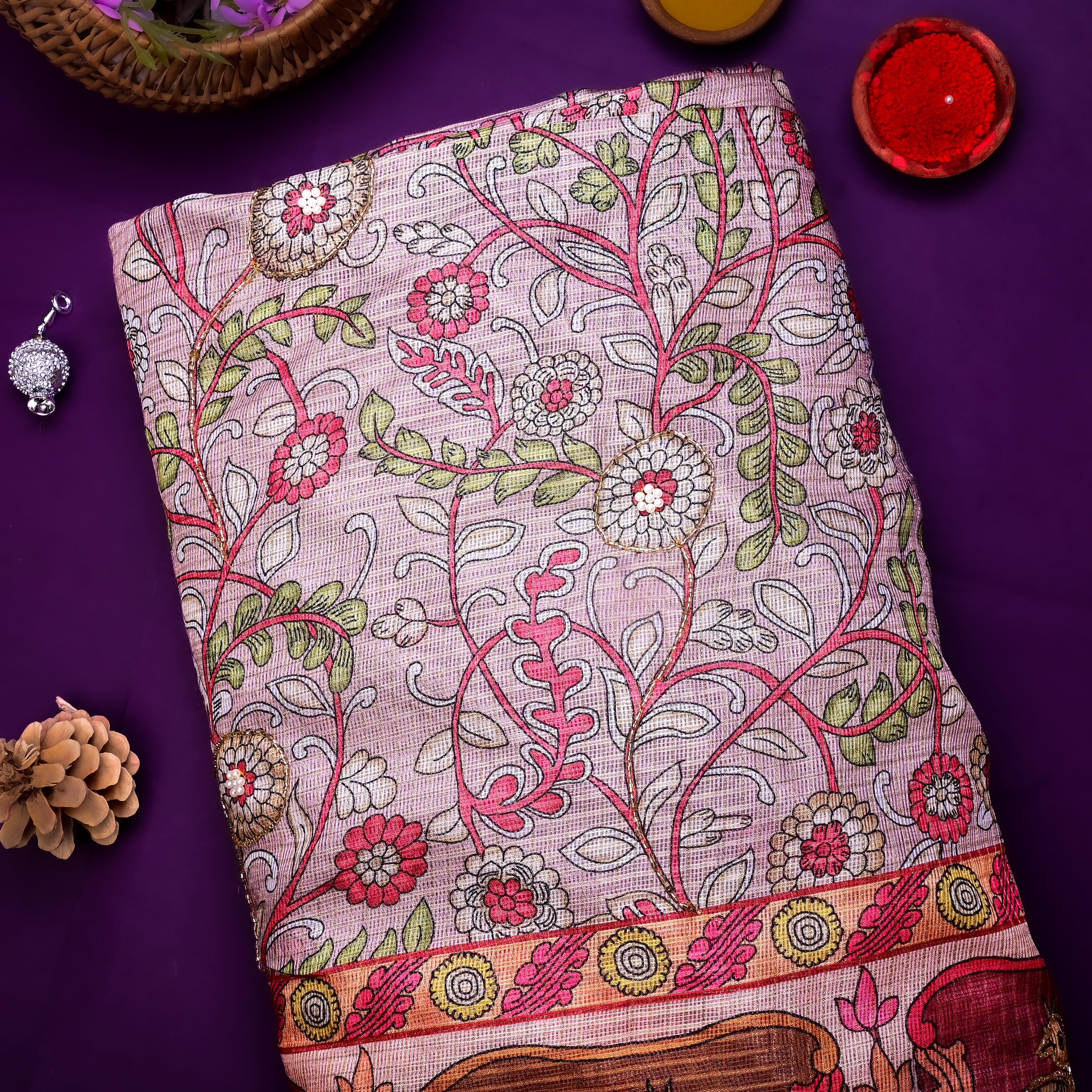 Champagne Pink Kota Fabric With Printed Embroidery