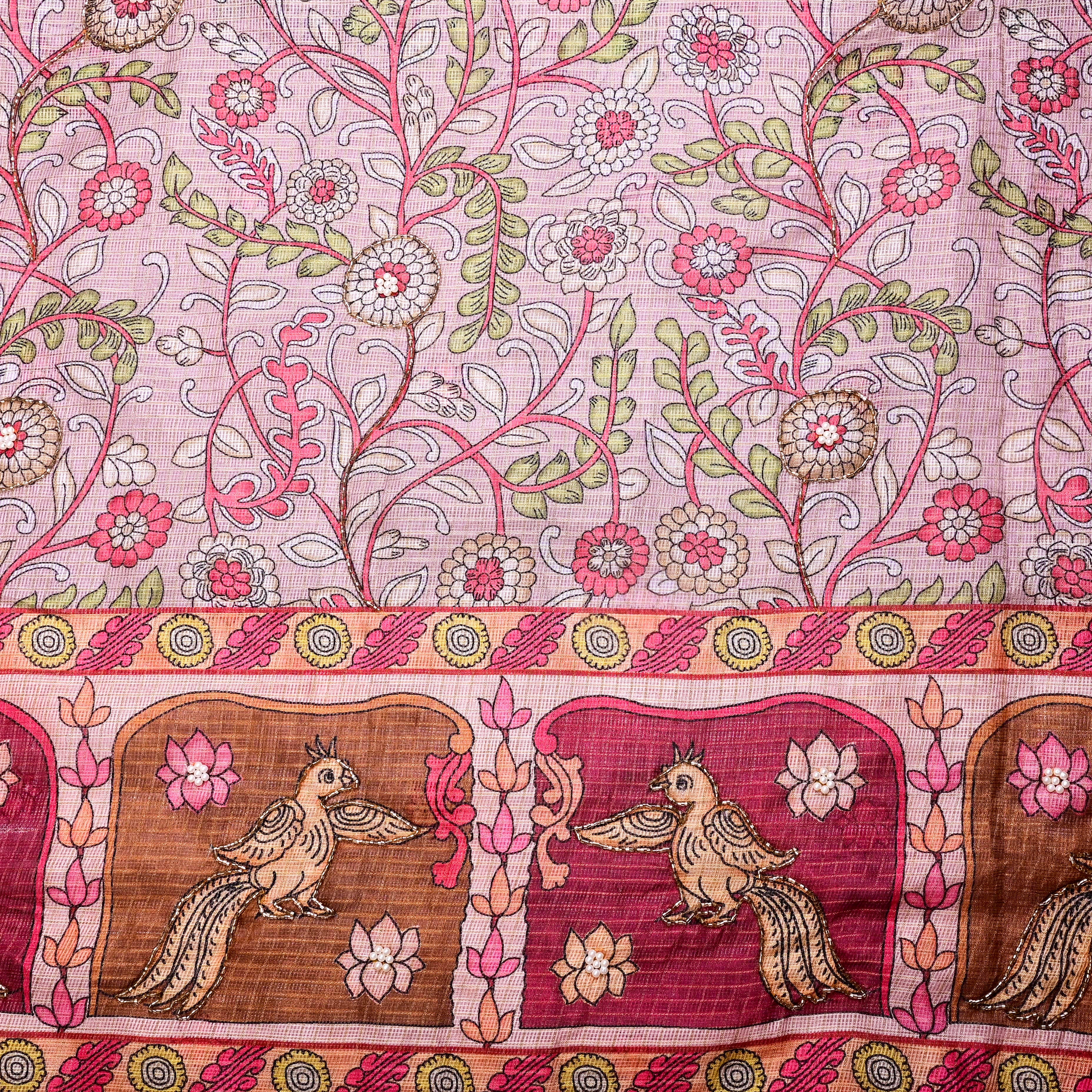 Champagne Pink Kota Fabric With Printed Embroidery