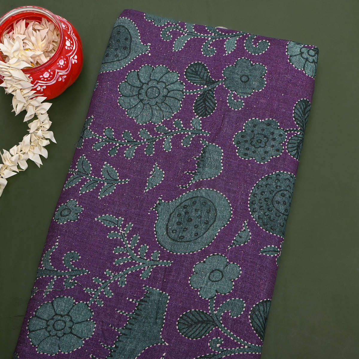 Purple Floral Jaal Digital Print Raw Silk Fabric
