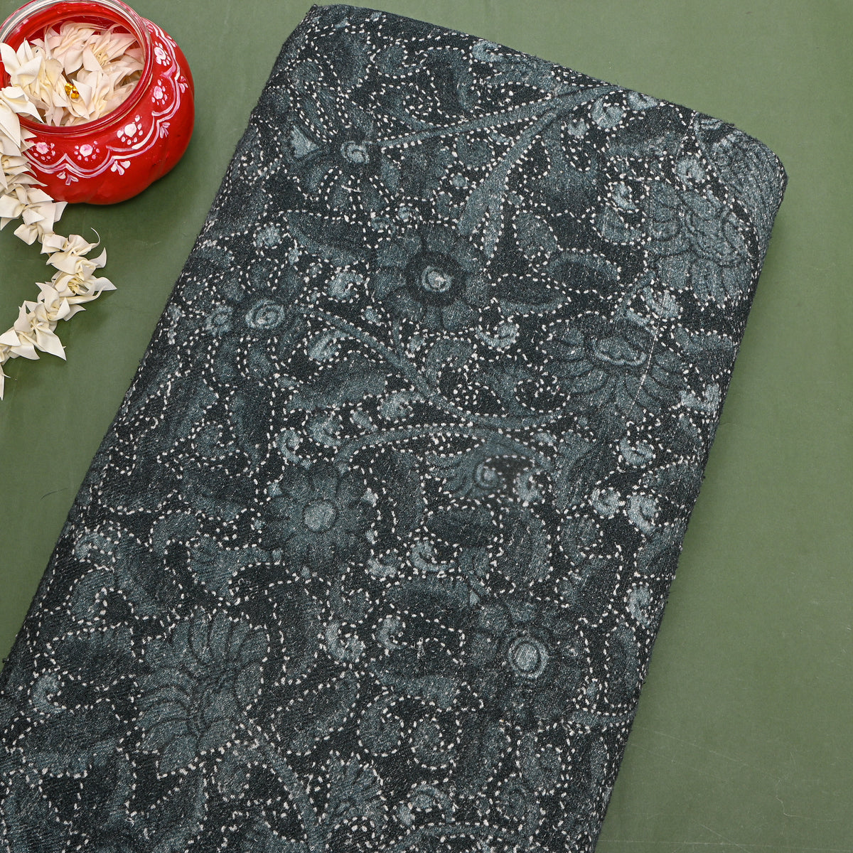 Charcoal Black Floral Digital Print Raw Silk Fabric