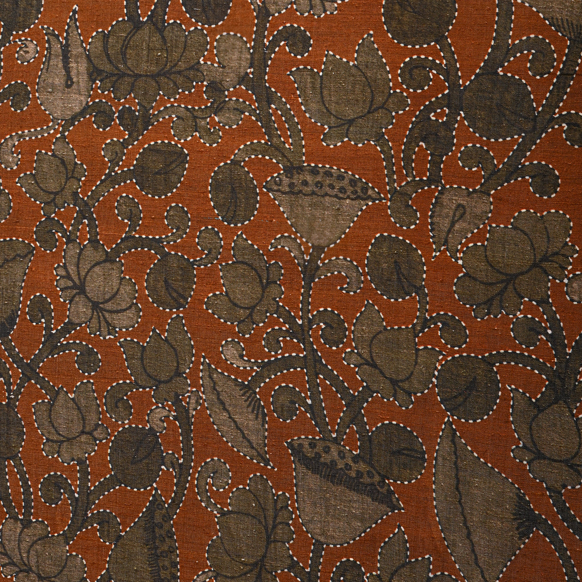 Rust Lotus Digital Print Raw Silk Fabric