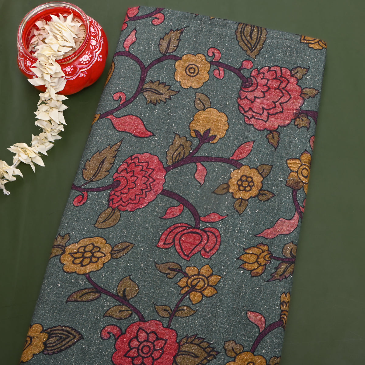 Pine Green Rose Jaal Digital Print Raw Silk Fabric