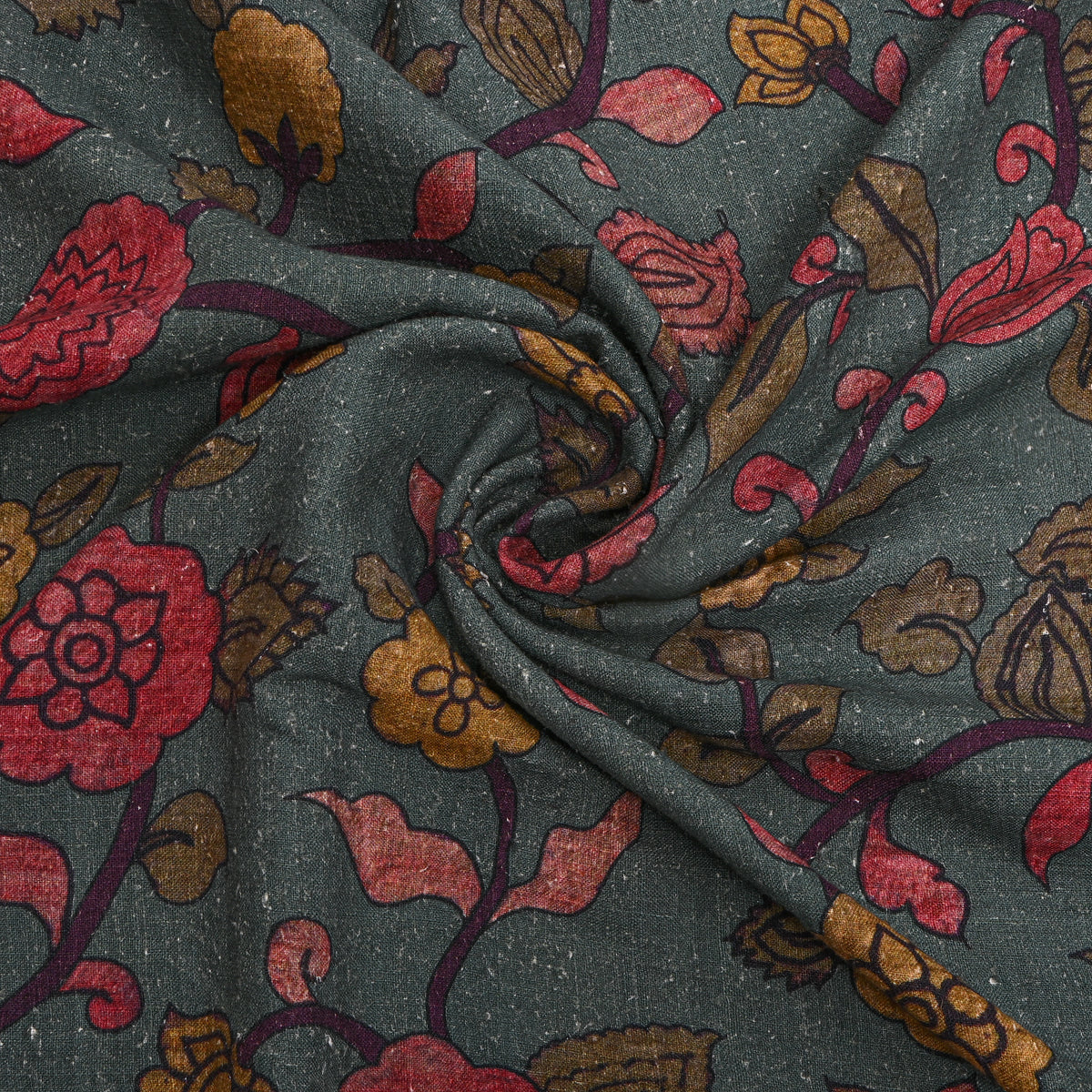 Pine Green Rose Jaal Digital Print Raw Silk Fabric