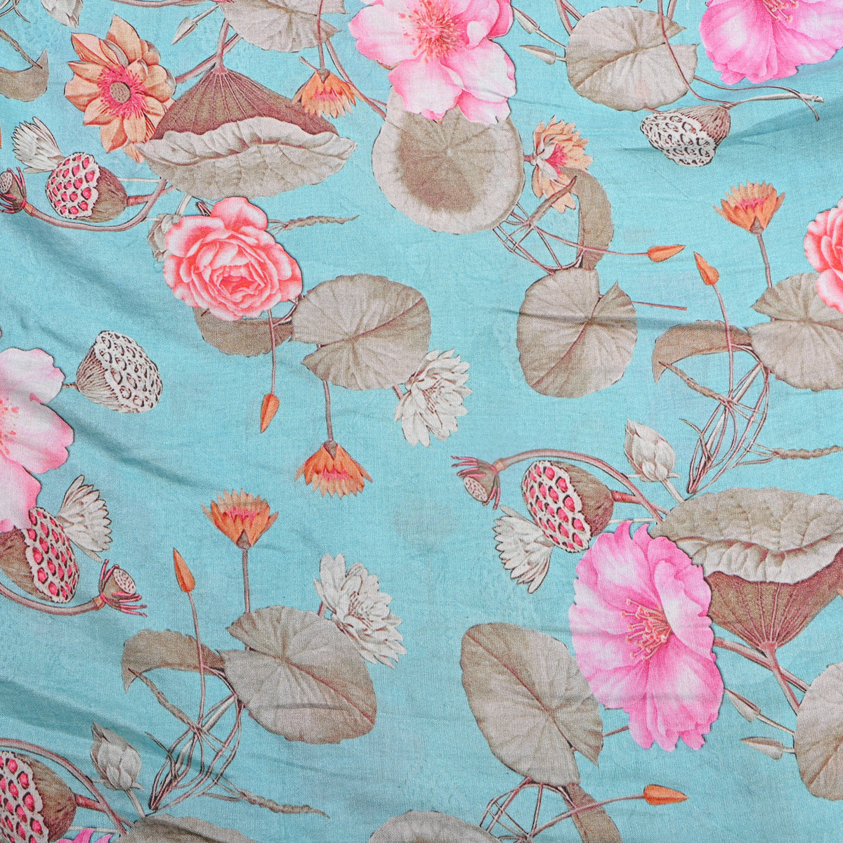 Mint Lotus Pond Print Satin Fabric