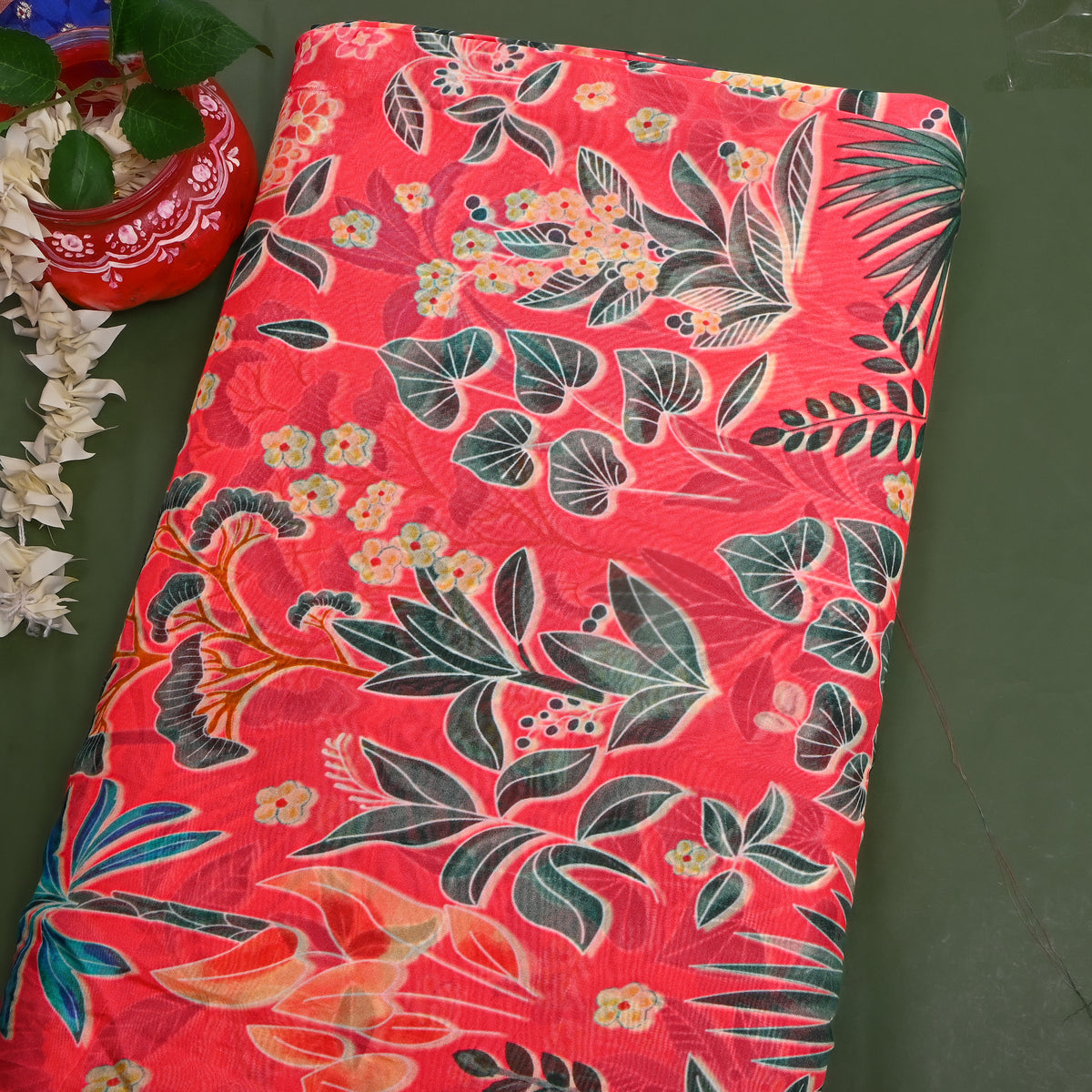 Watermelon Red Garden Leaf Digital Print Organza Fabric
