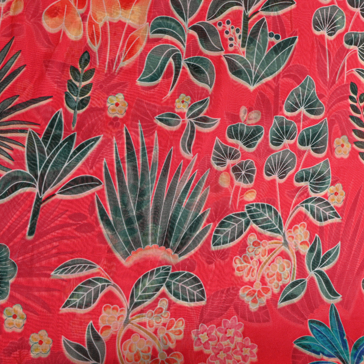 Watermelon Red Garden Leaf Digital Print Organza Fabric