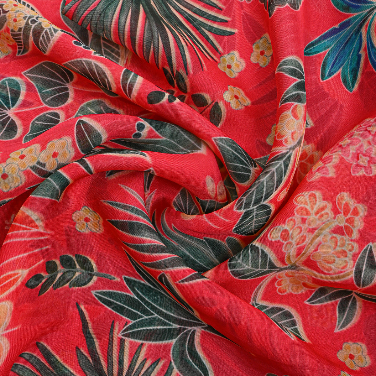 Watermelon Red Garden Leaf Digital Print Organza Fabric