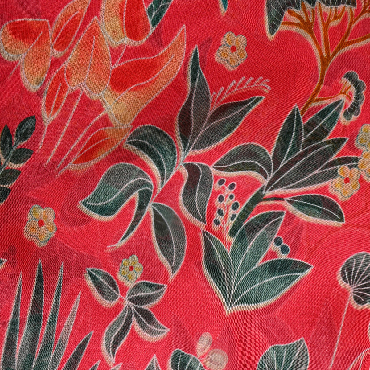 Watermelon Red Garden Leaf Digital Print Organza Fabric