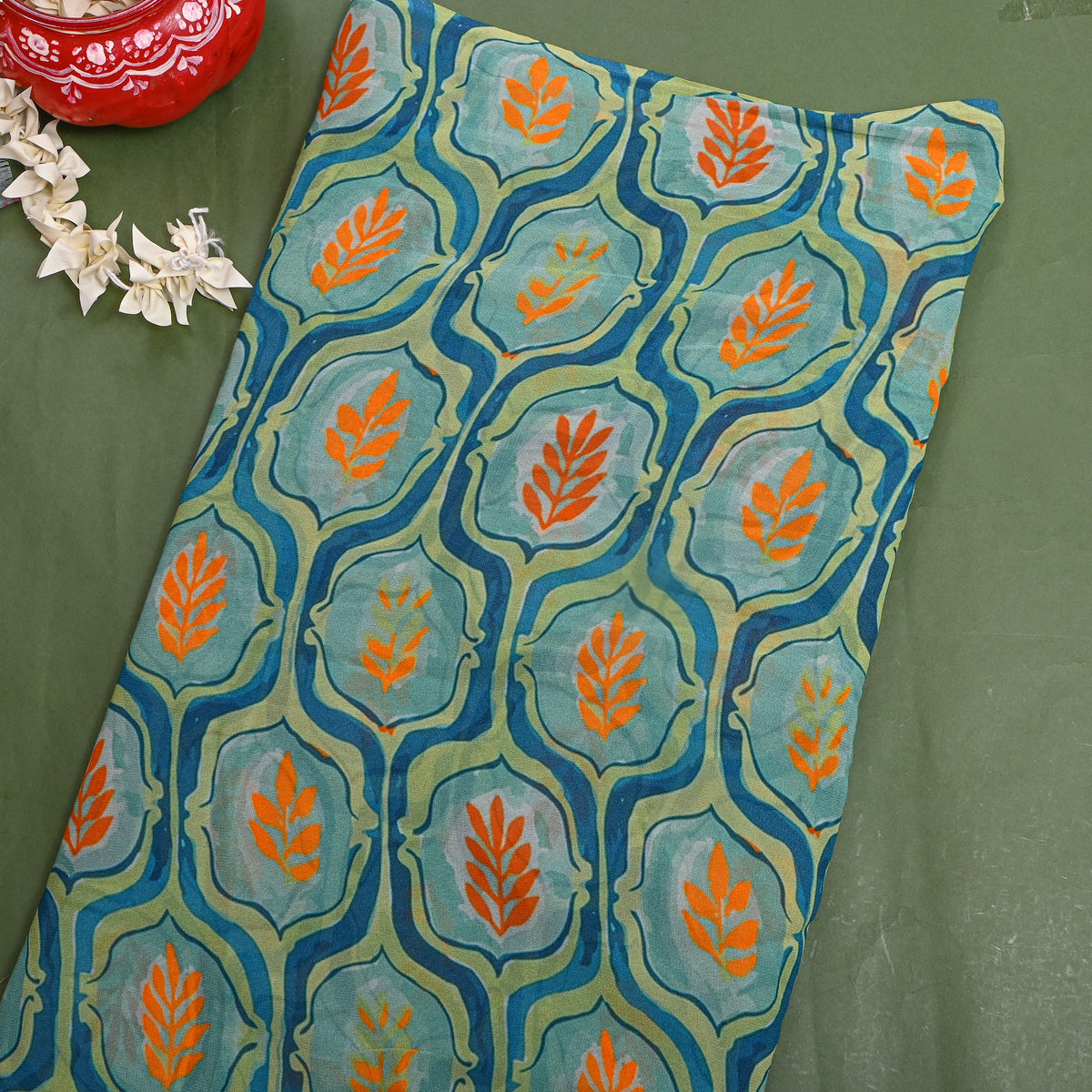 Lagoon Blue Leaf Jaal Digital Print Georgette Fabric