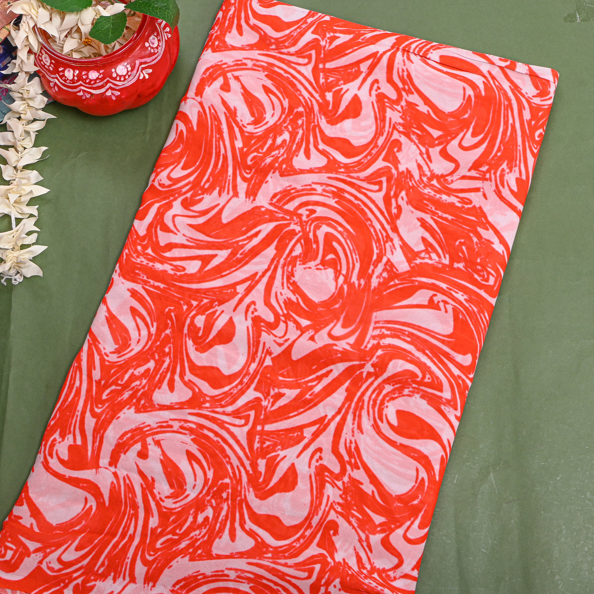 Vermilion Orange Swirl Abstract Digital Print Georgette Fabric
