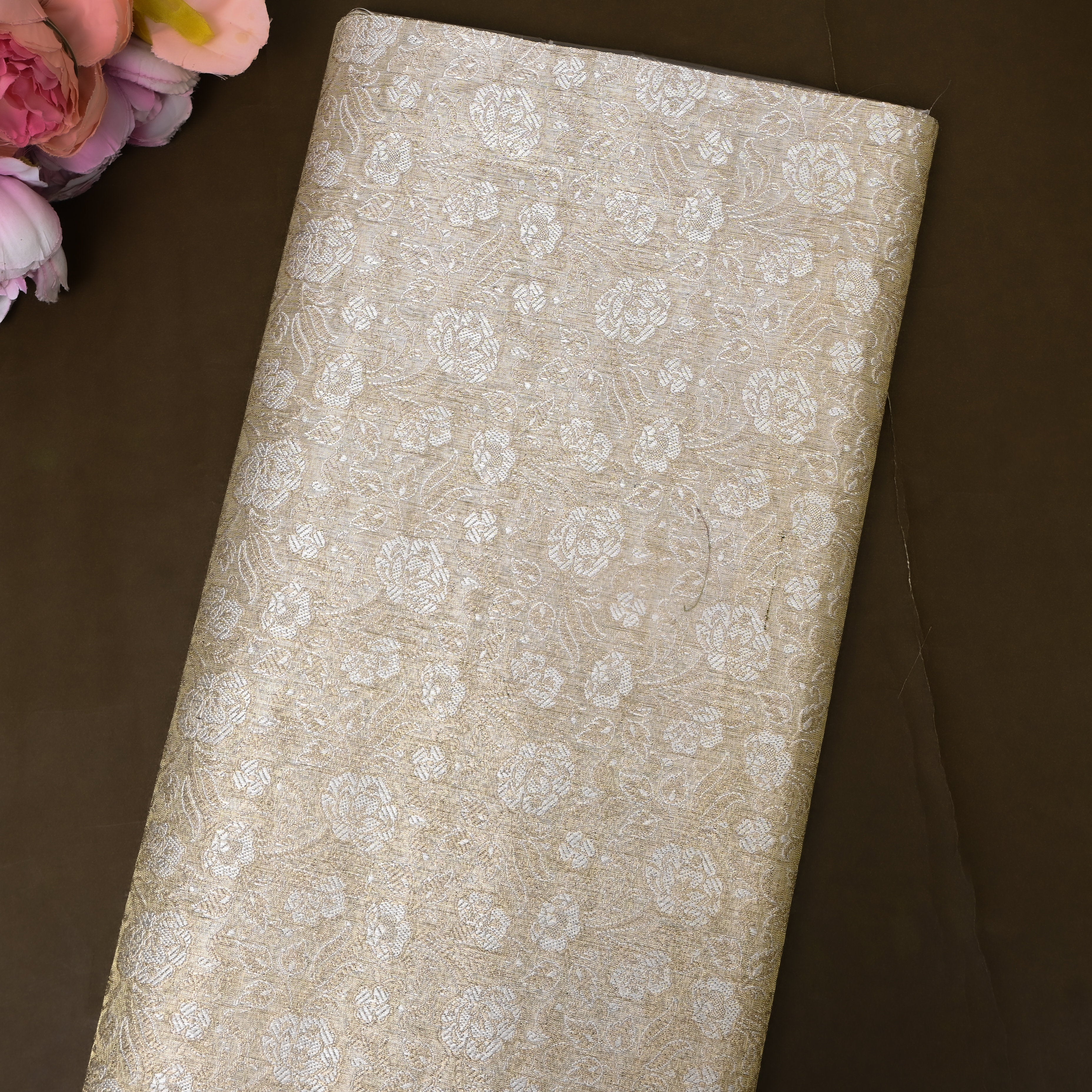Beige With Silver Zari Floral Jamawar Fabric