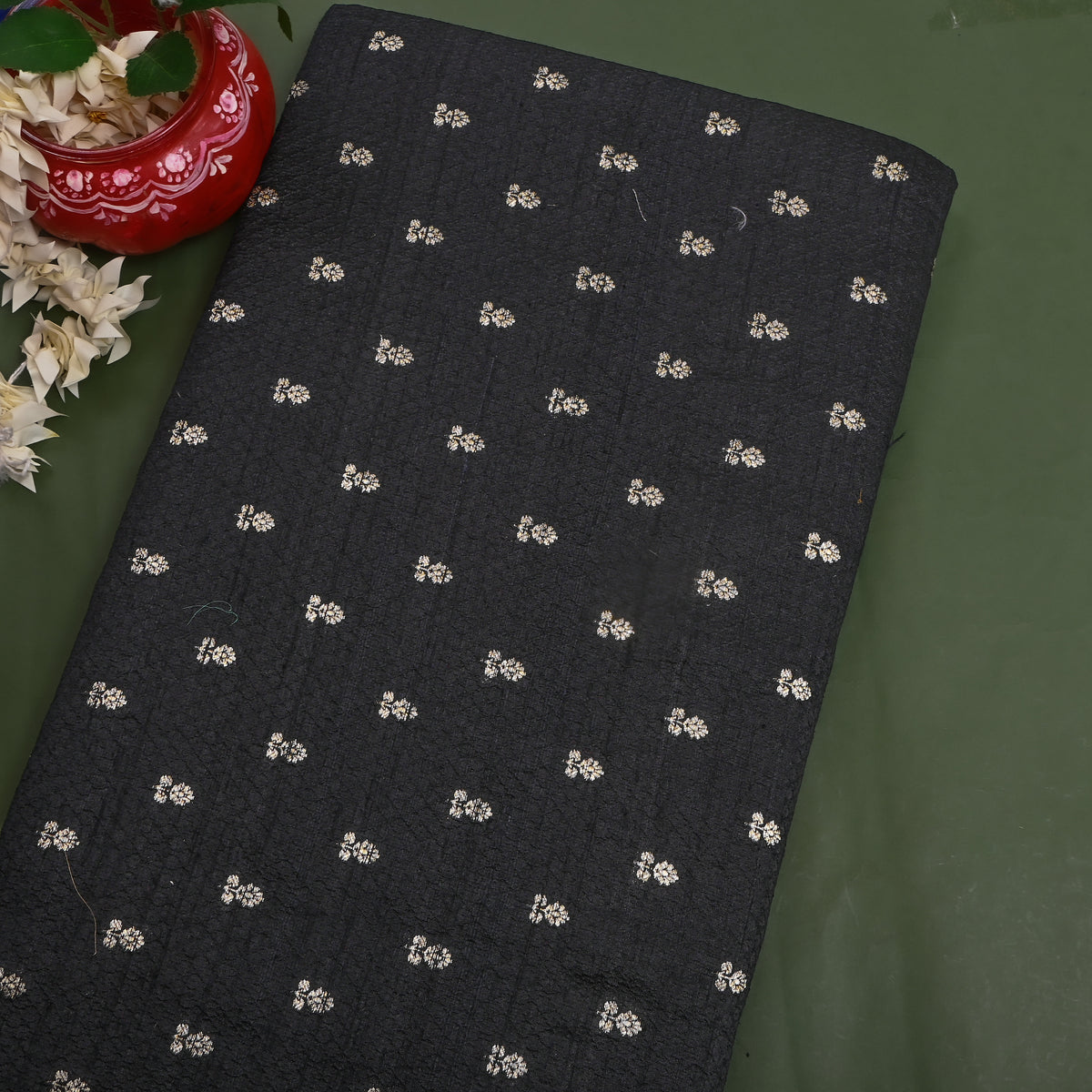 Jet Black Silver Zari Butti Self Weave Jamawar Silk Fabric