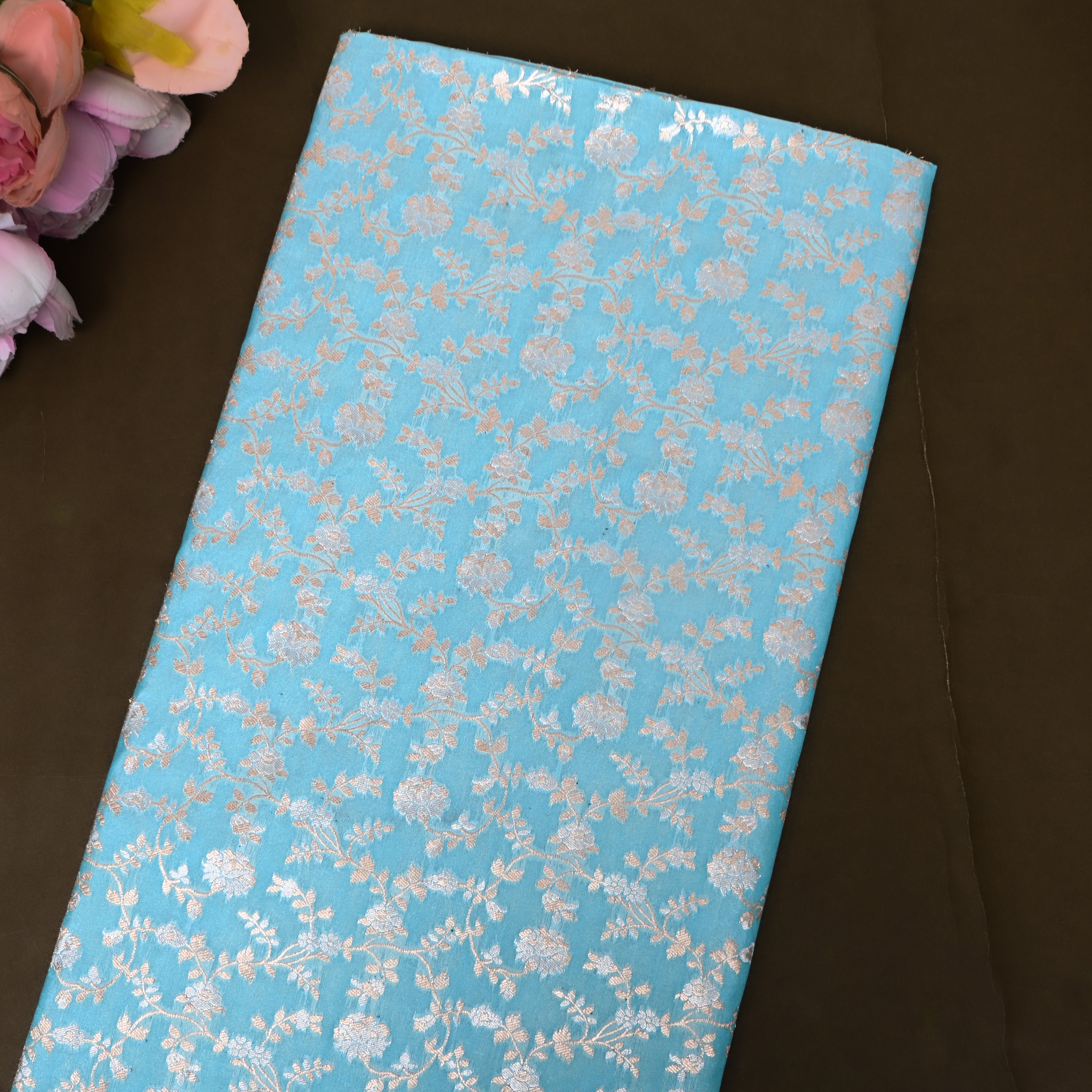 Sky Blue Dense Floral Jamawar Tissue Fabric