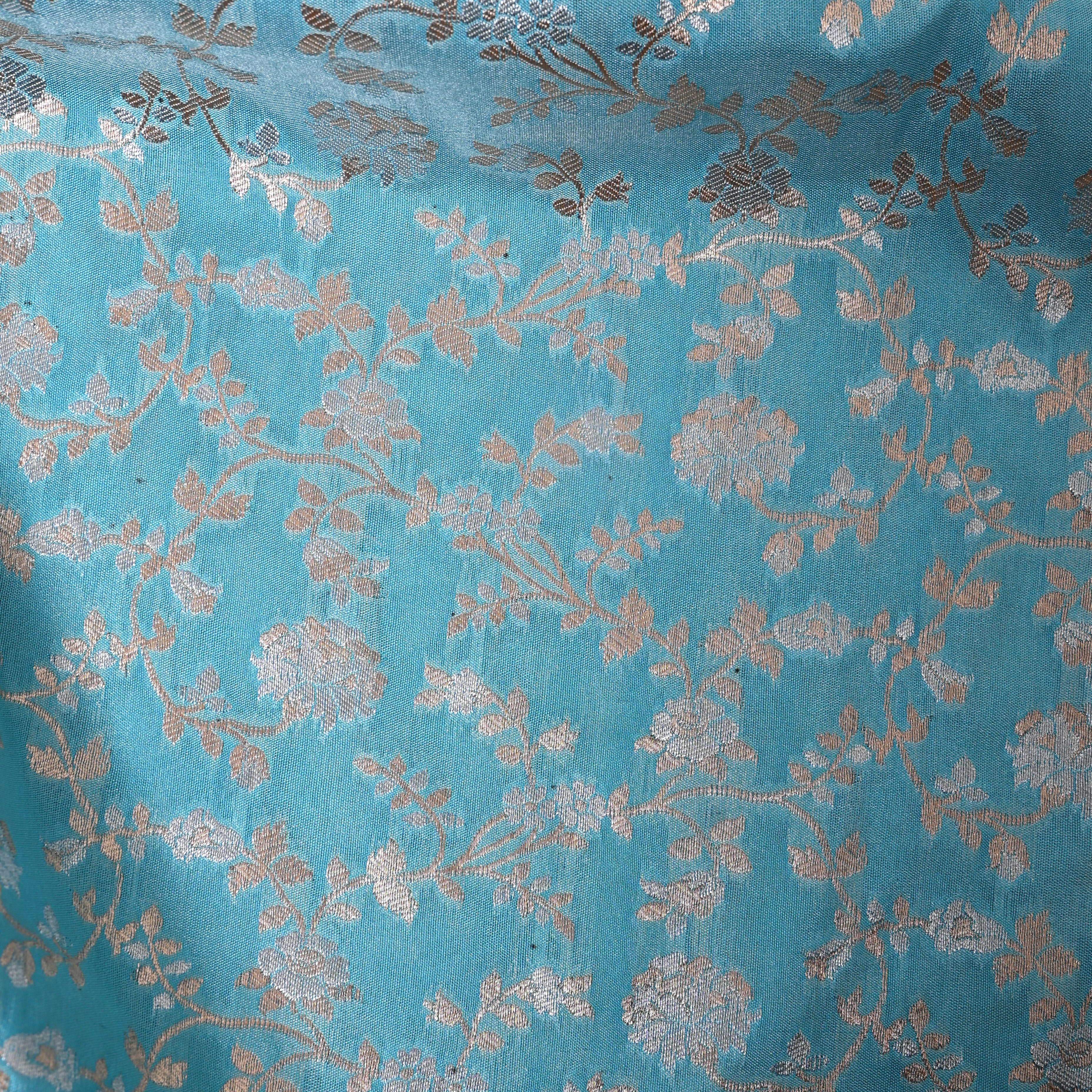 Sky Blue Dense Floral Jamawar Tissue Fabric