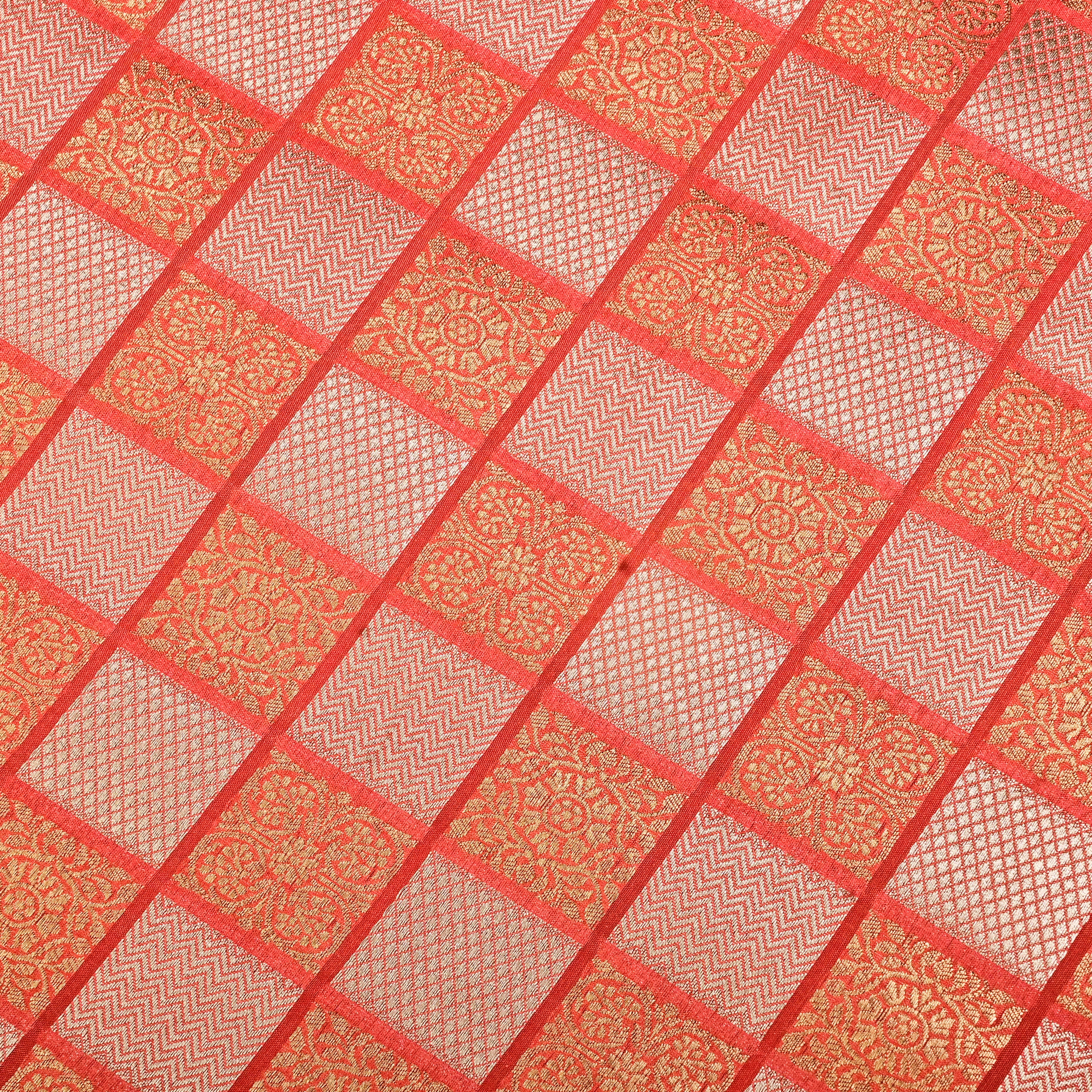 Coral Peach Banarasi Fabric With Checked Patterns