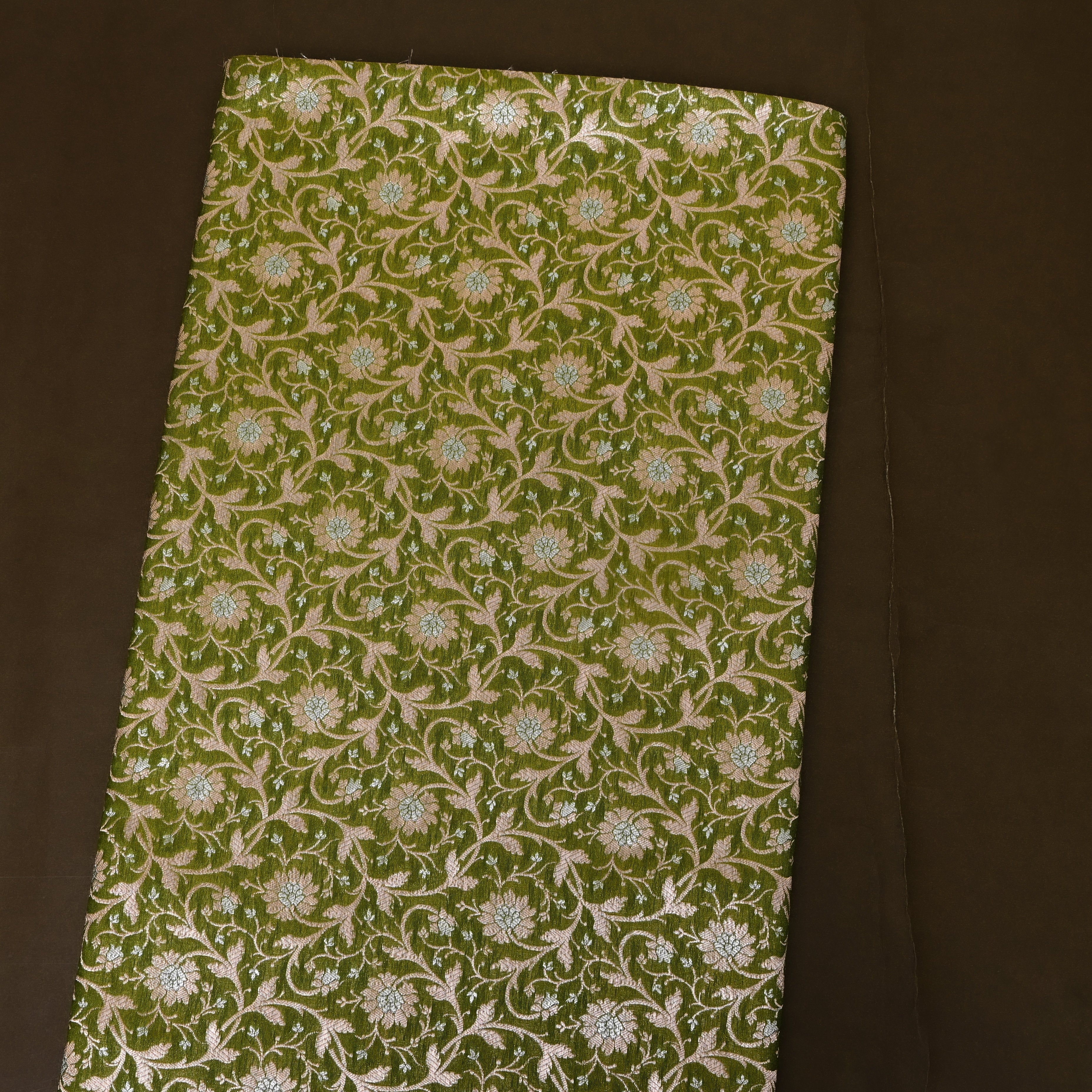 Olive Green Dense Floral Jamawar Tissue Fabric