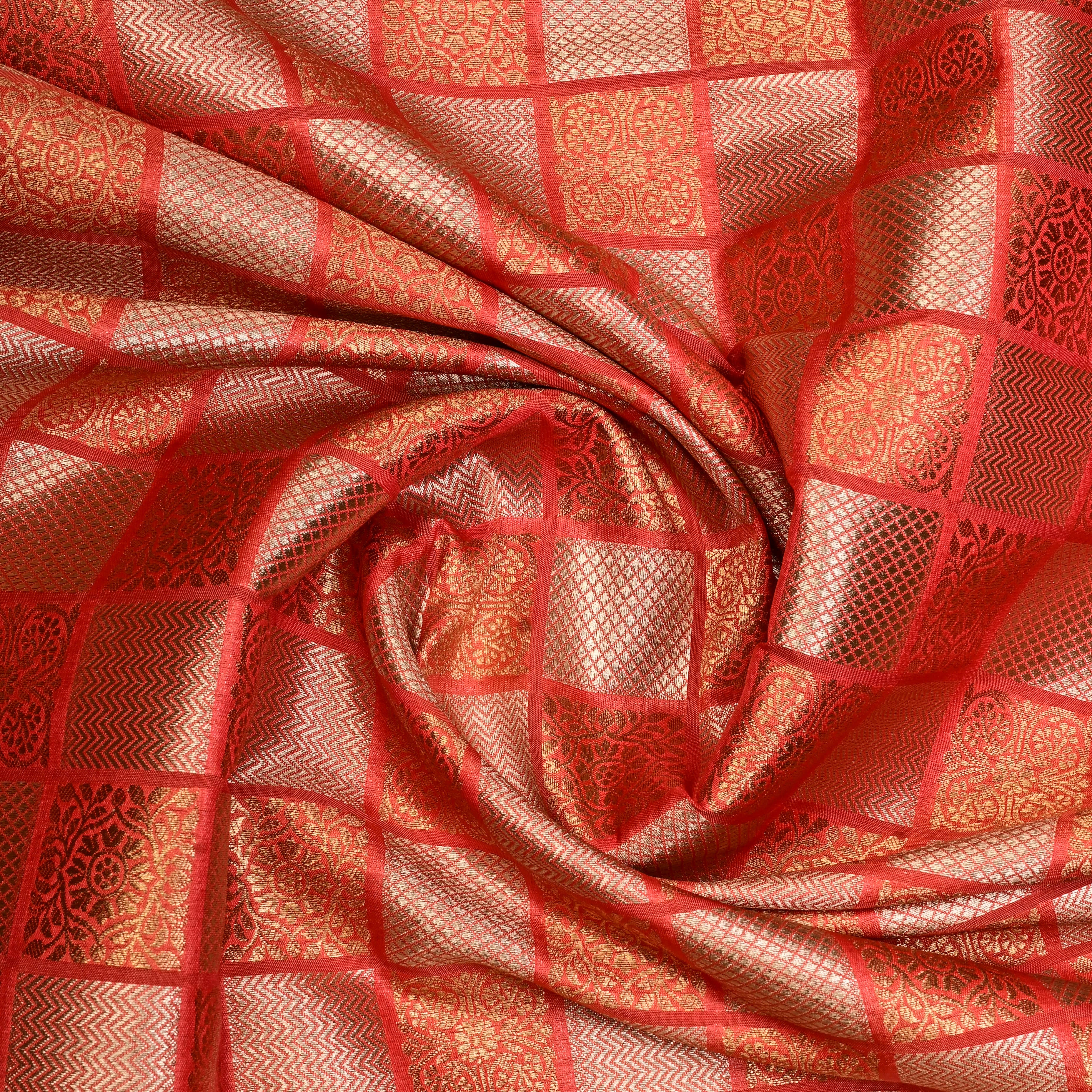 Coral Peach Banarasi Fabric With Checked Patterns