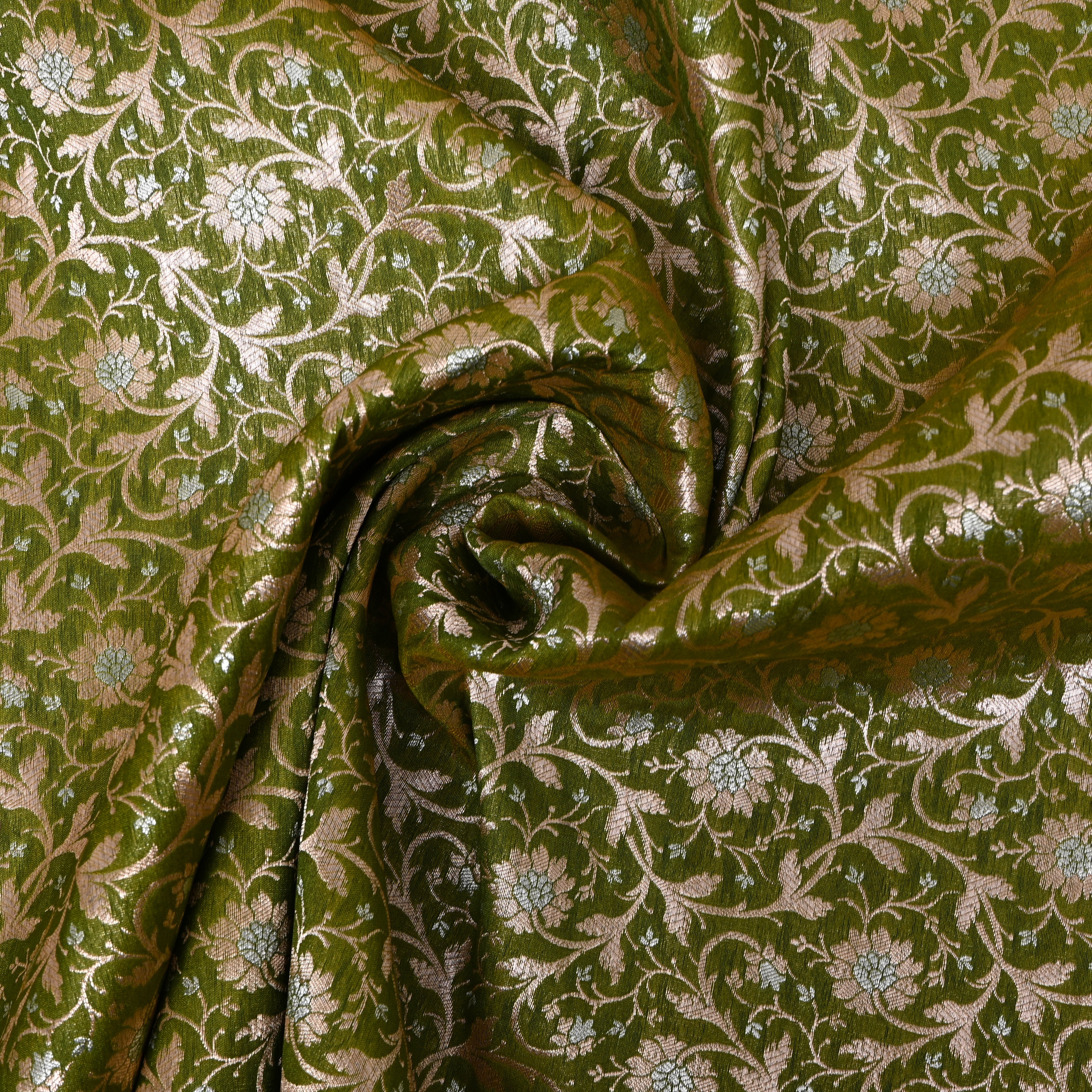 Olive Green Dense Floral Jamawar Tissue Fabric