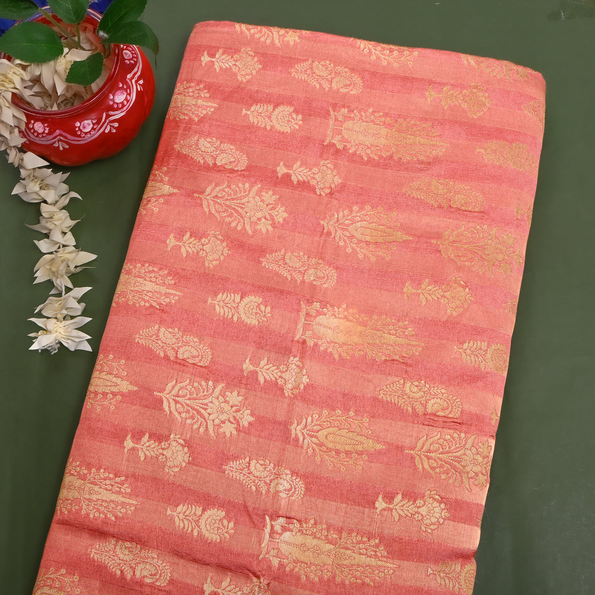 Coral Pink Gold Zari Butti Stripe Jamawar Silk Fabric