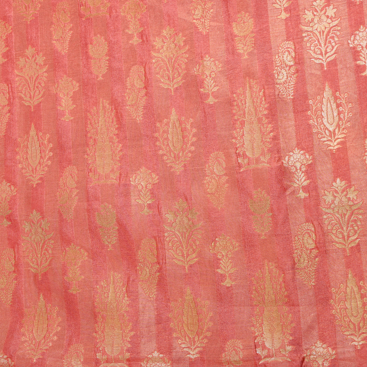 Coral Pink Gold Zari Butti Stripe Jamawar Silk Fabric