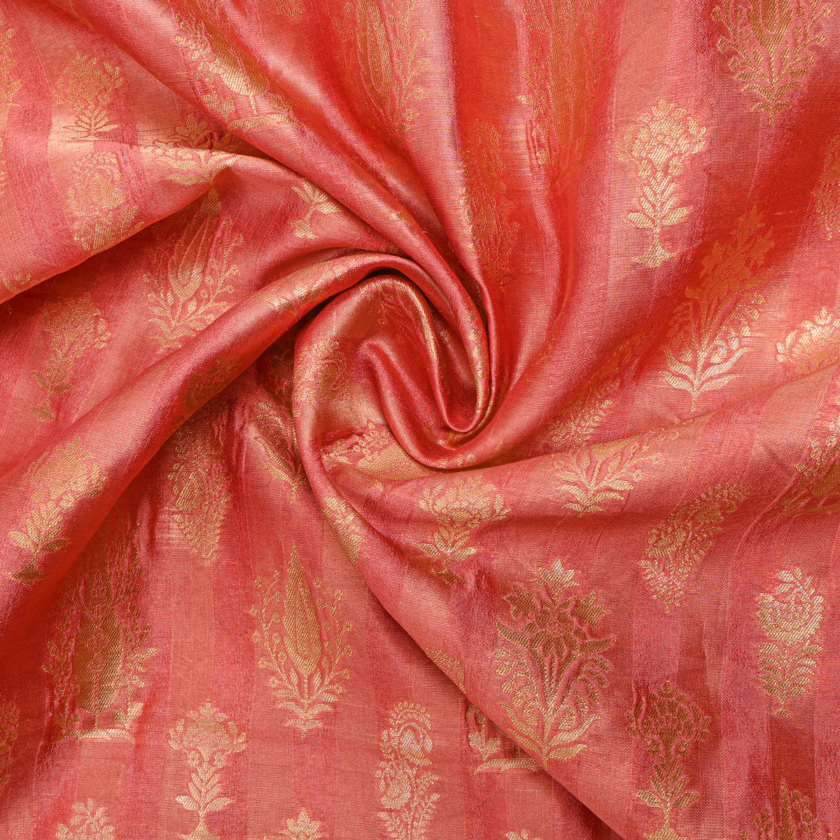 Coral Pink Gold Zari Butti Stripe Jamawar Silk Fabric