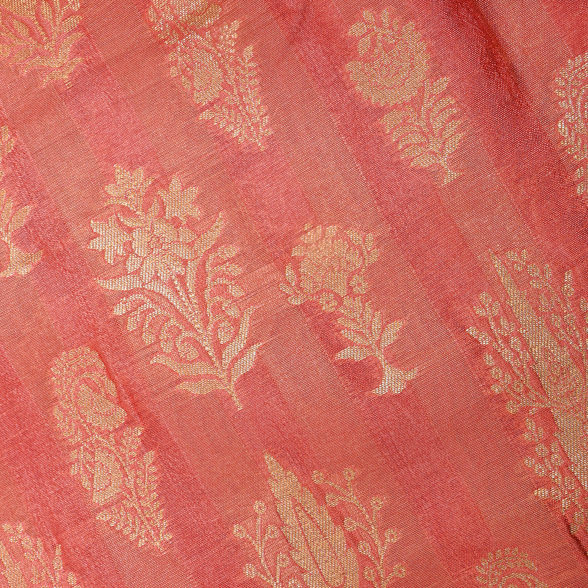 Coral Pink Gold Zari Butti Stripe Jamawar Silk Fabric
