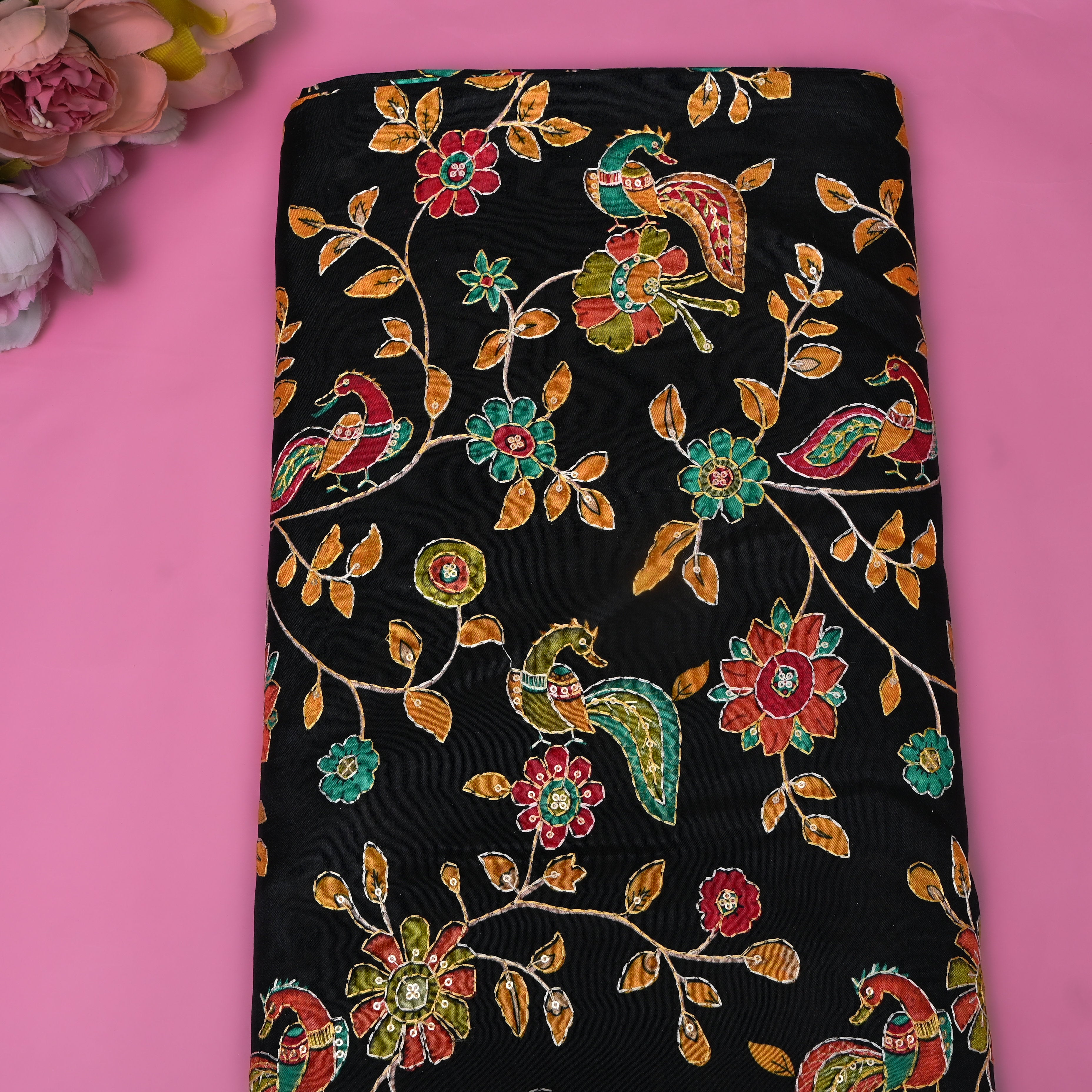 Jet Black Multicolour Floral Sequin Embroidery Silk Fabric
