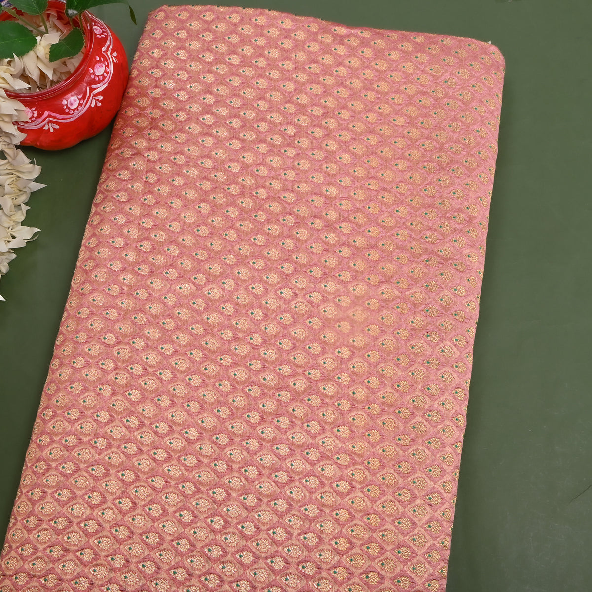 Dusty Mauve Gold Zari Diamond Check Jamawar Silk Fabric