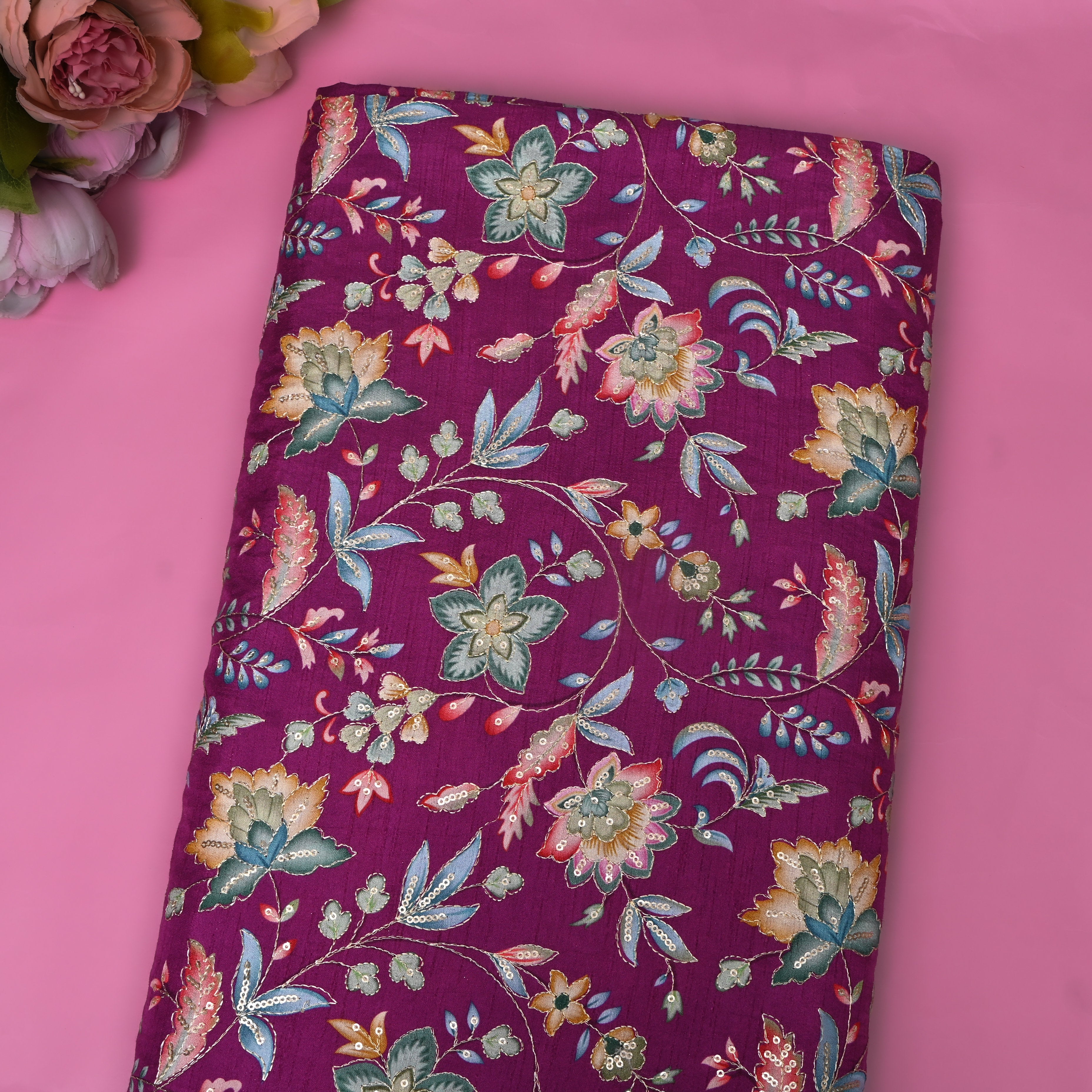 Wine Purple Multicolour Floral Sequin Embroidery Chinon Silk Fabric