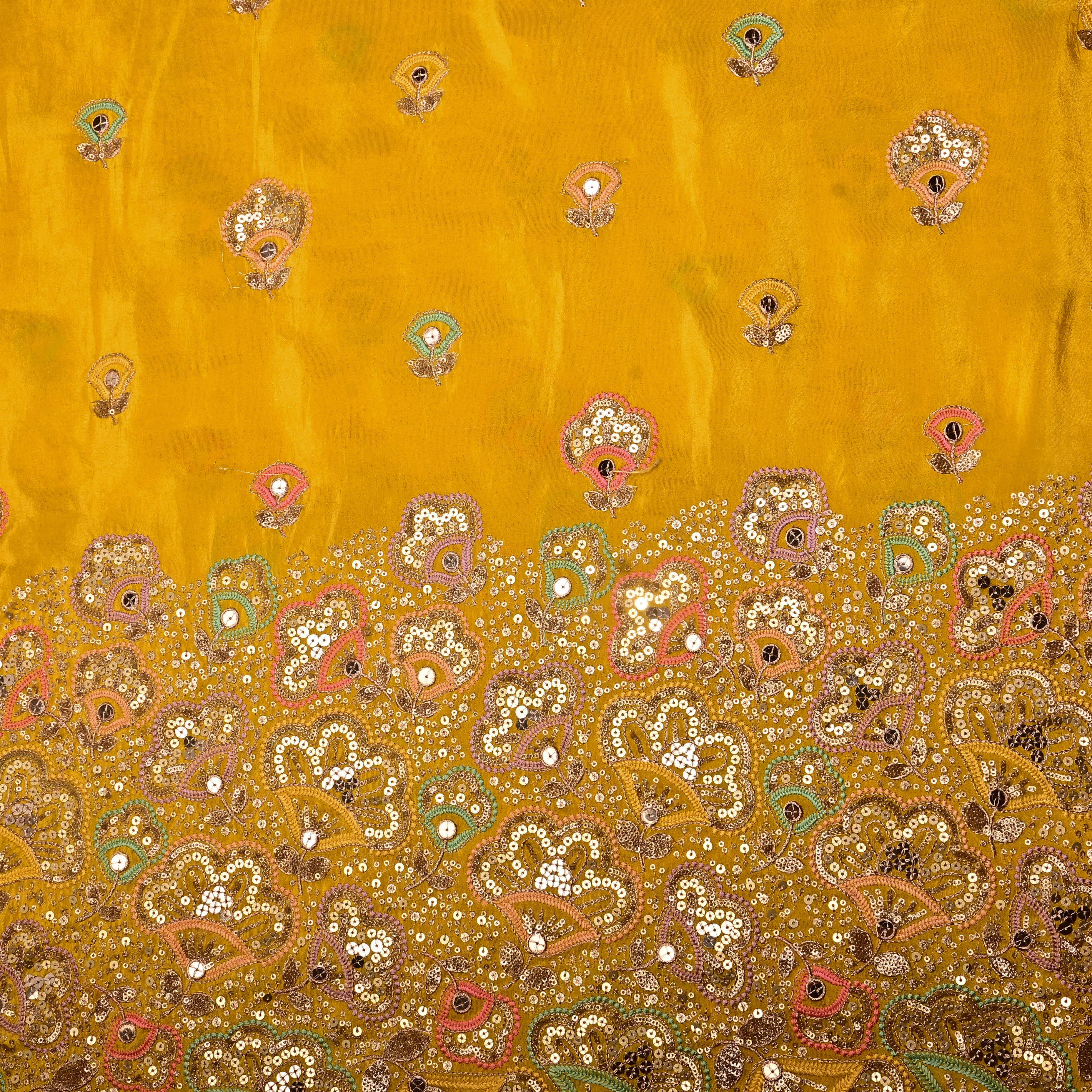 Golden Yellow Tissue Fabric With Sequins Work