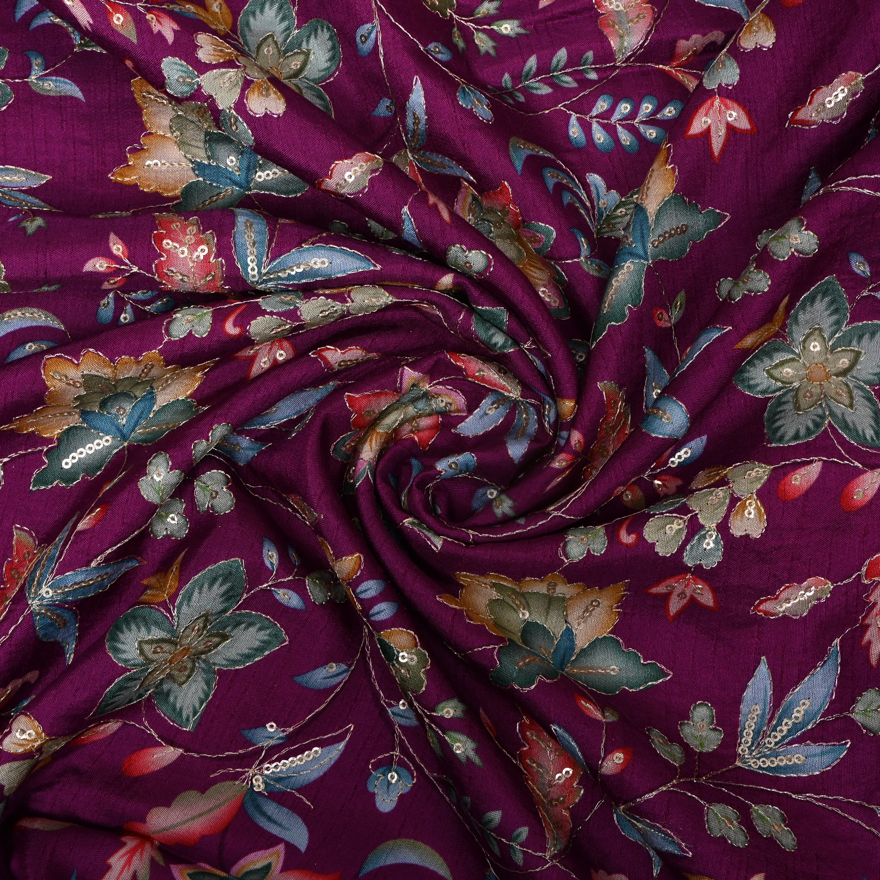 Wine Purple Multicolour Floral Sequin Embroidery Chinon Silk Fabric