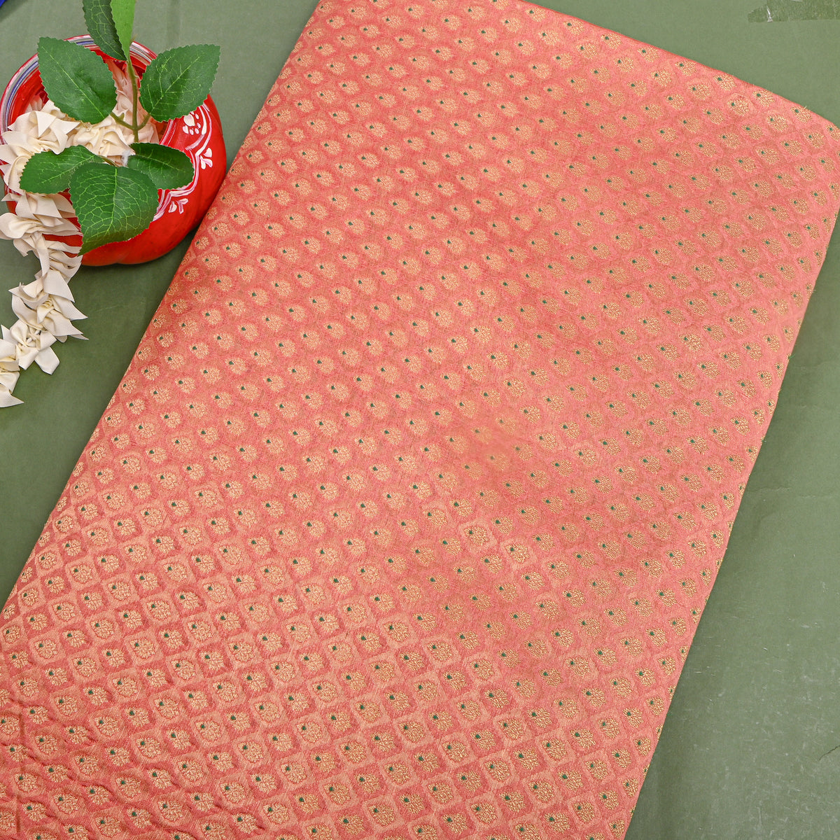 Terracotta Red Gold Zari Check Grid Jamawar Silk Fabric