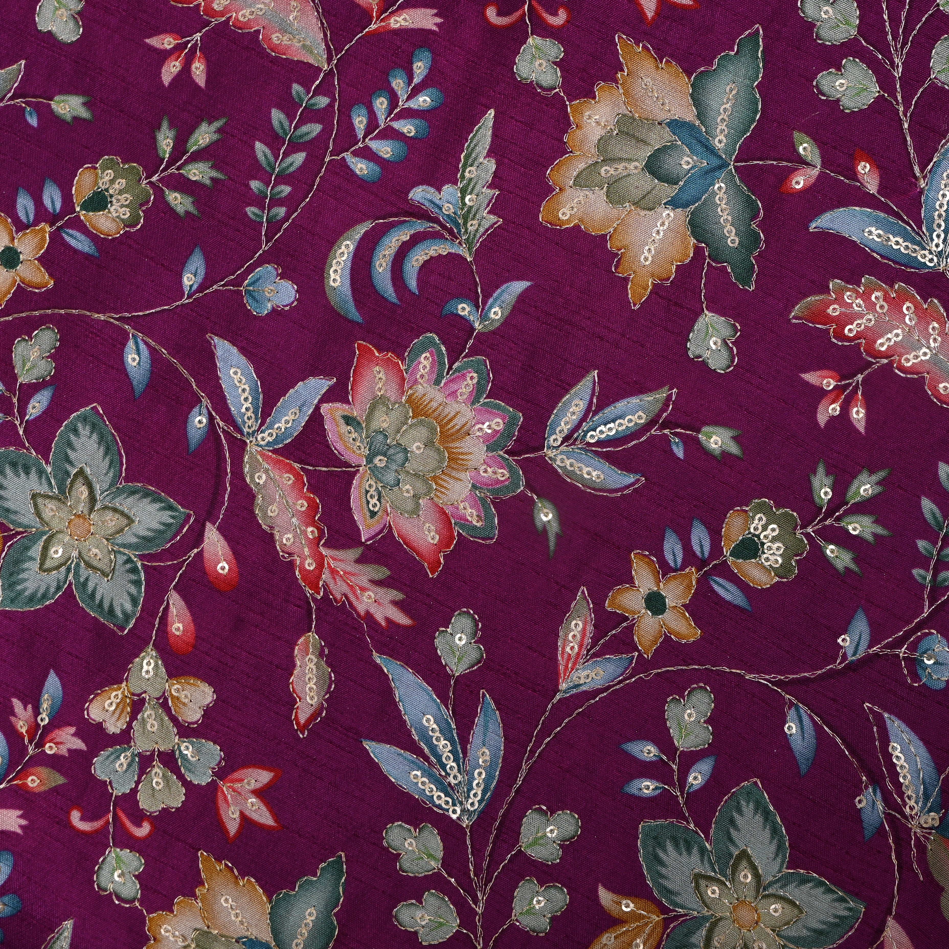 Wine Purple Multicolour Floral Sequin Embroidery Chinon Silk Fabric