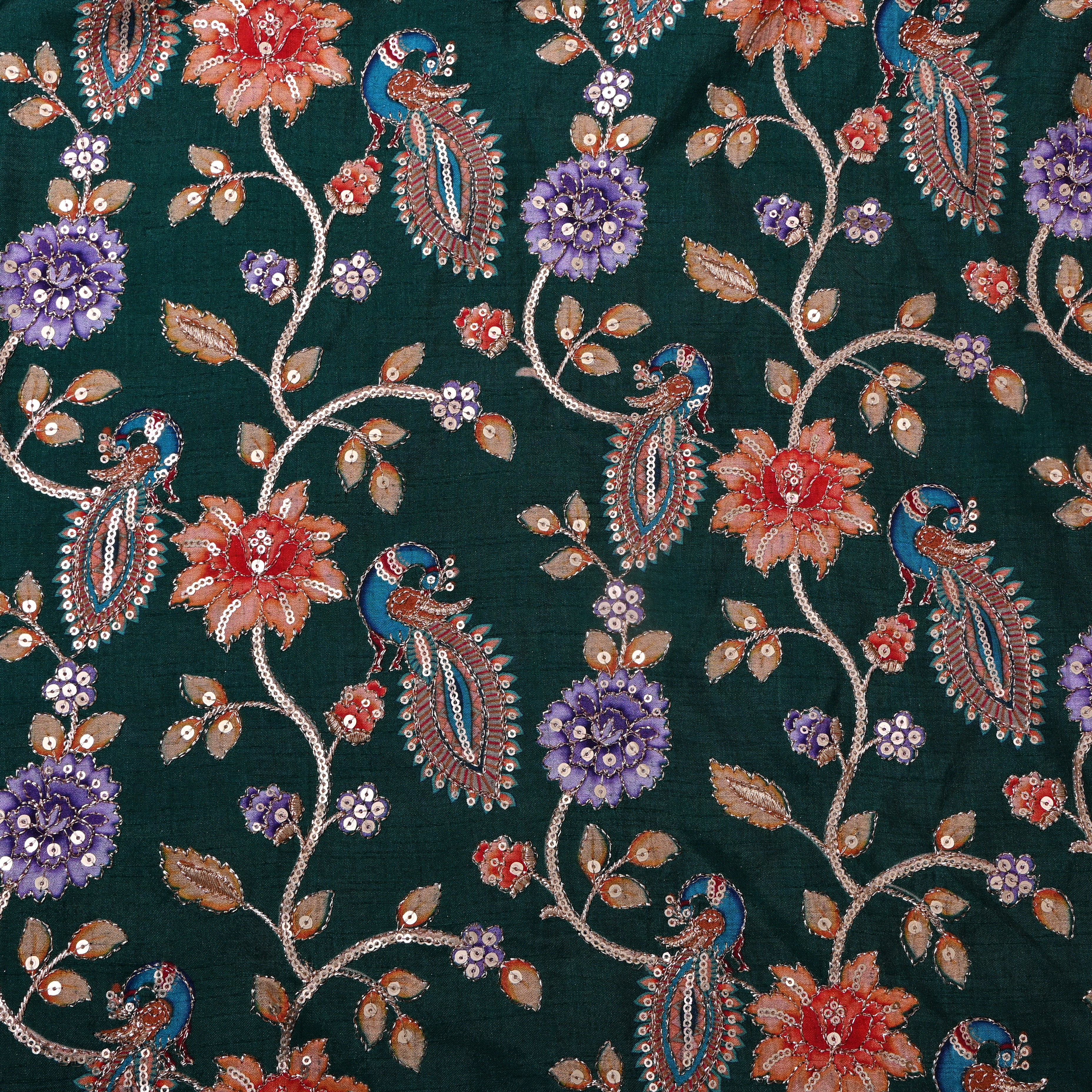 Bottle Green Peacock Floral Sequin Thread Work Fabric