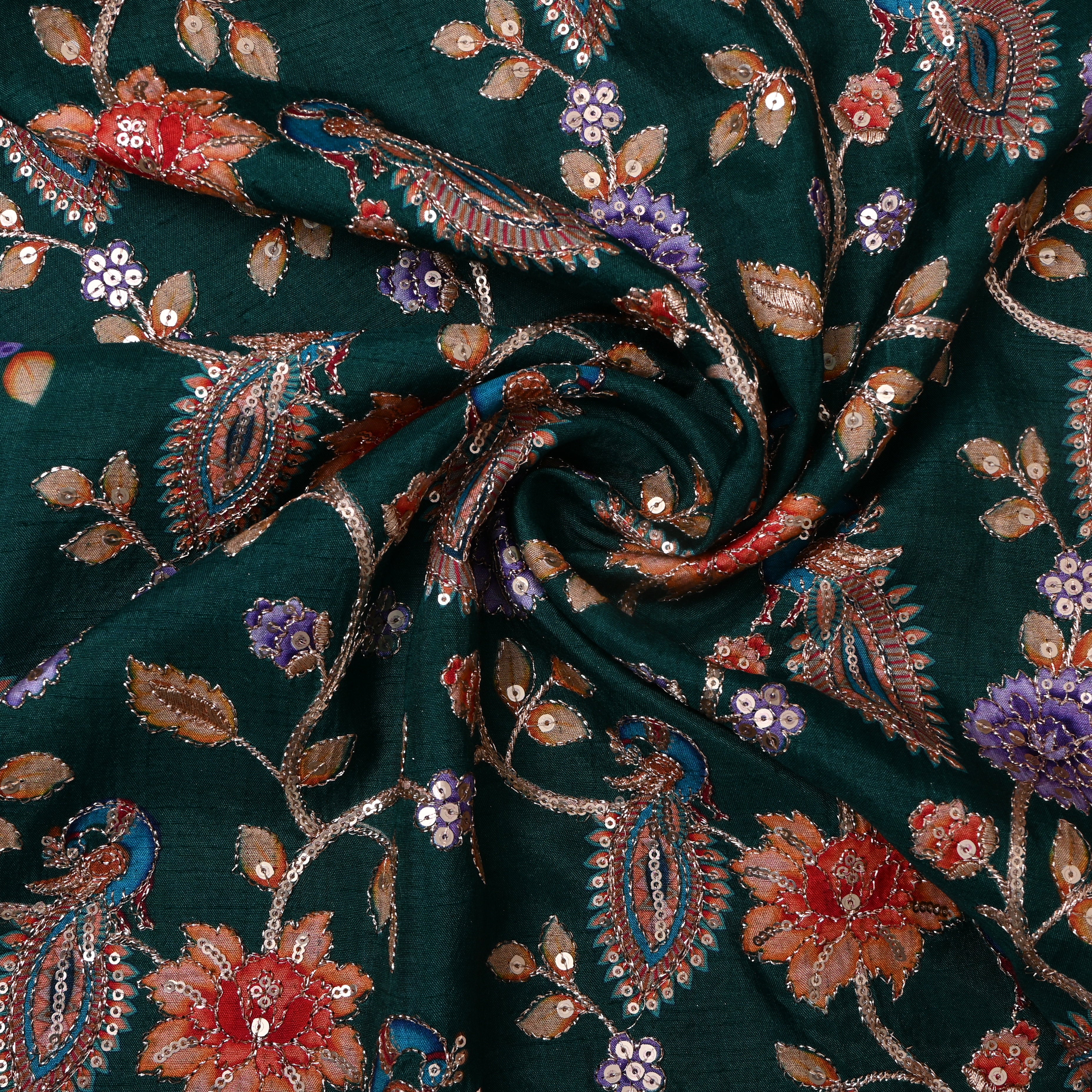 Bottle Green Peacock Floral Sequin Thread Work Fabric