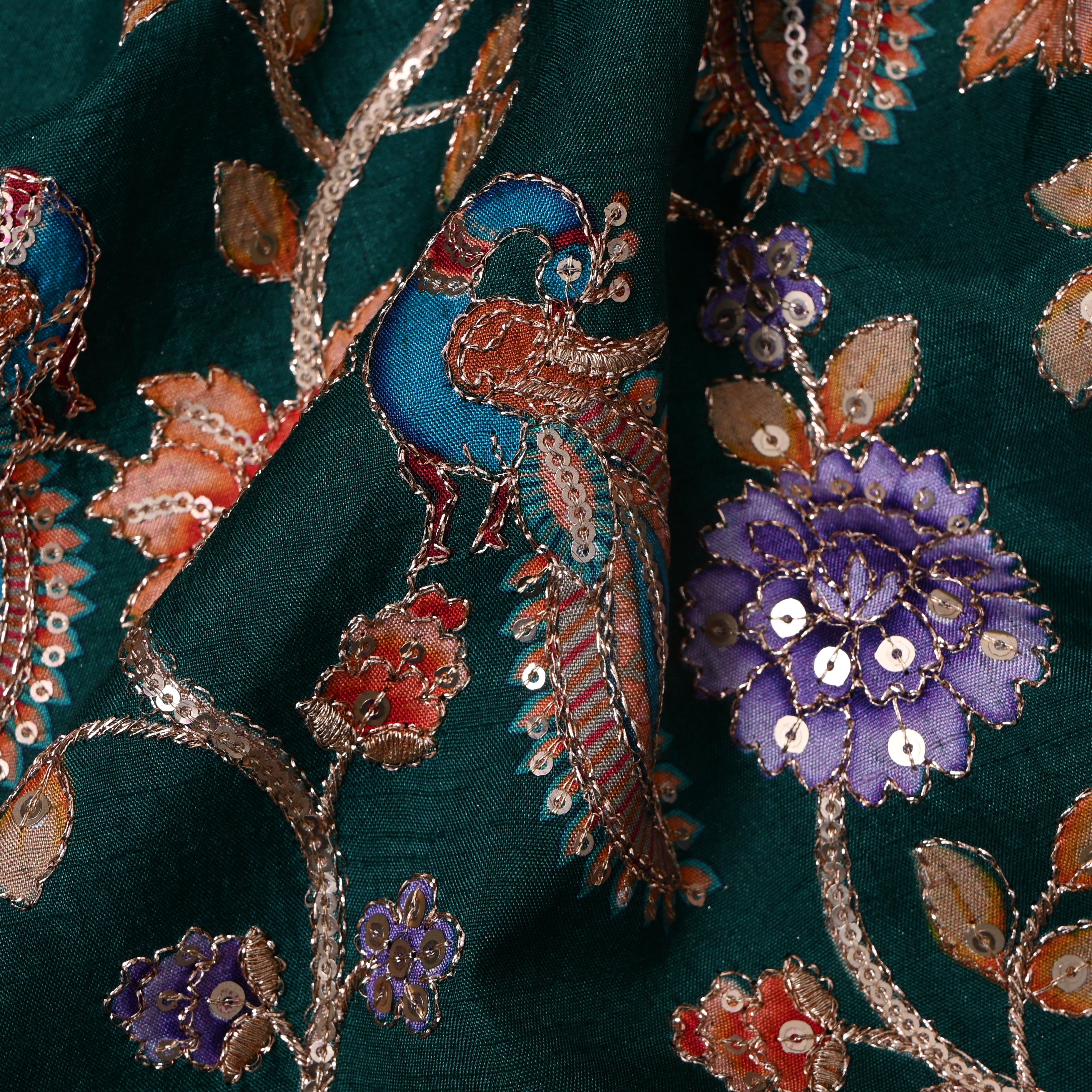 Bottle Green Peacock Floral Sequin Thread Work Fabric