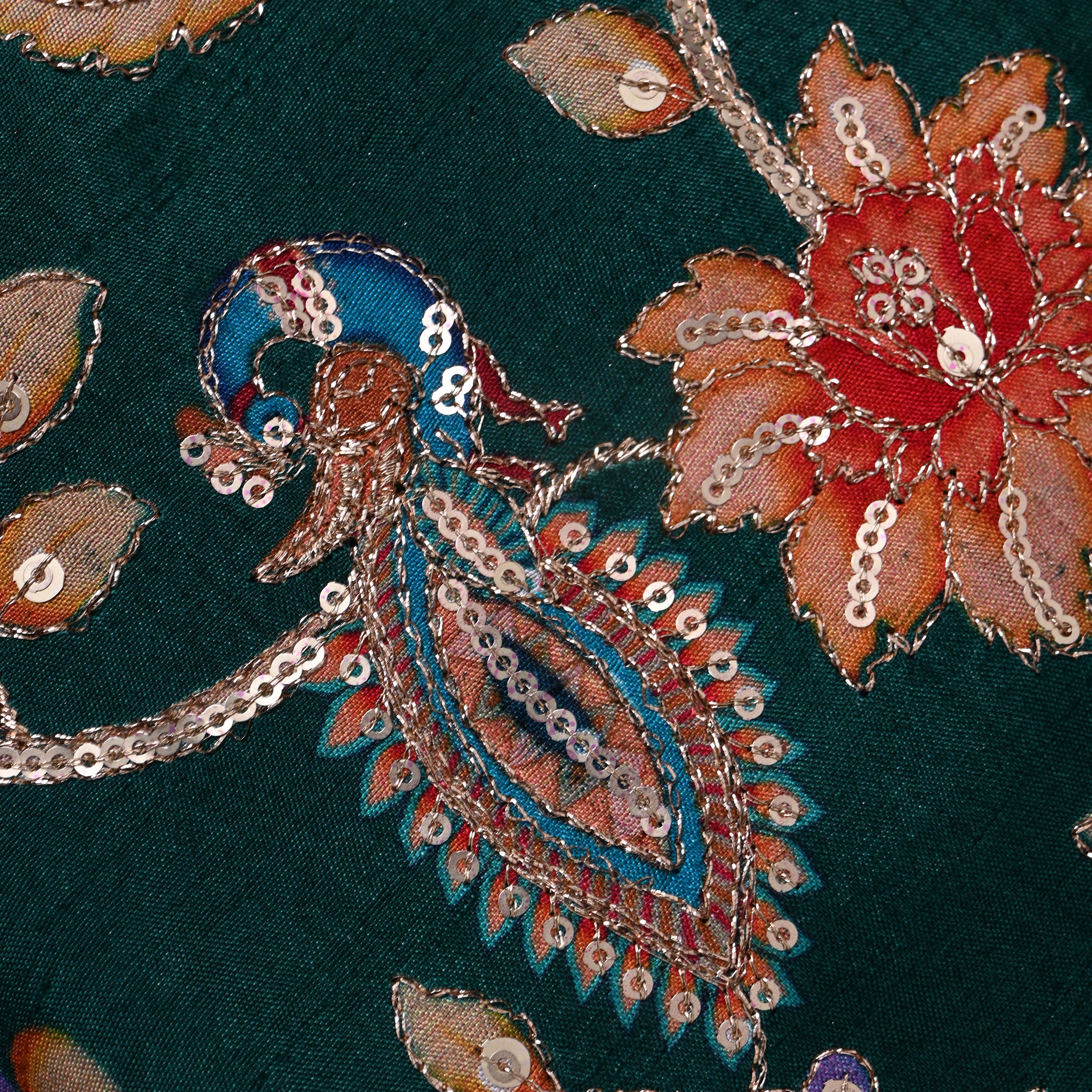 Bottle Green Peacock Floral Sequin Thread Work Fabric
