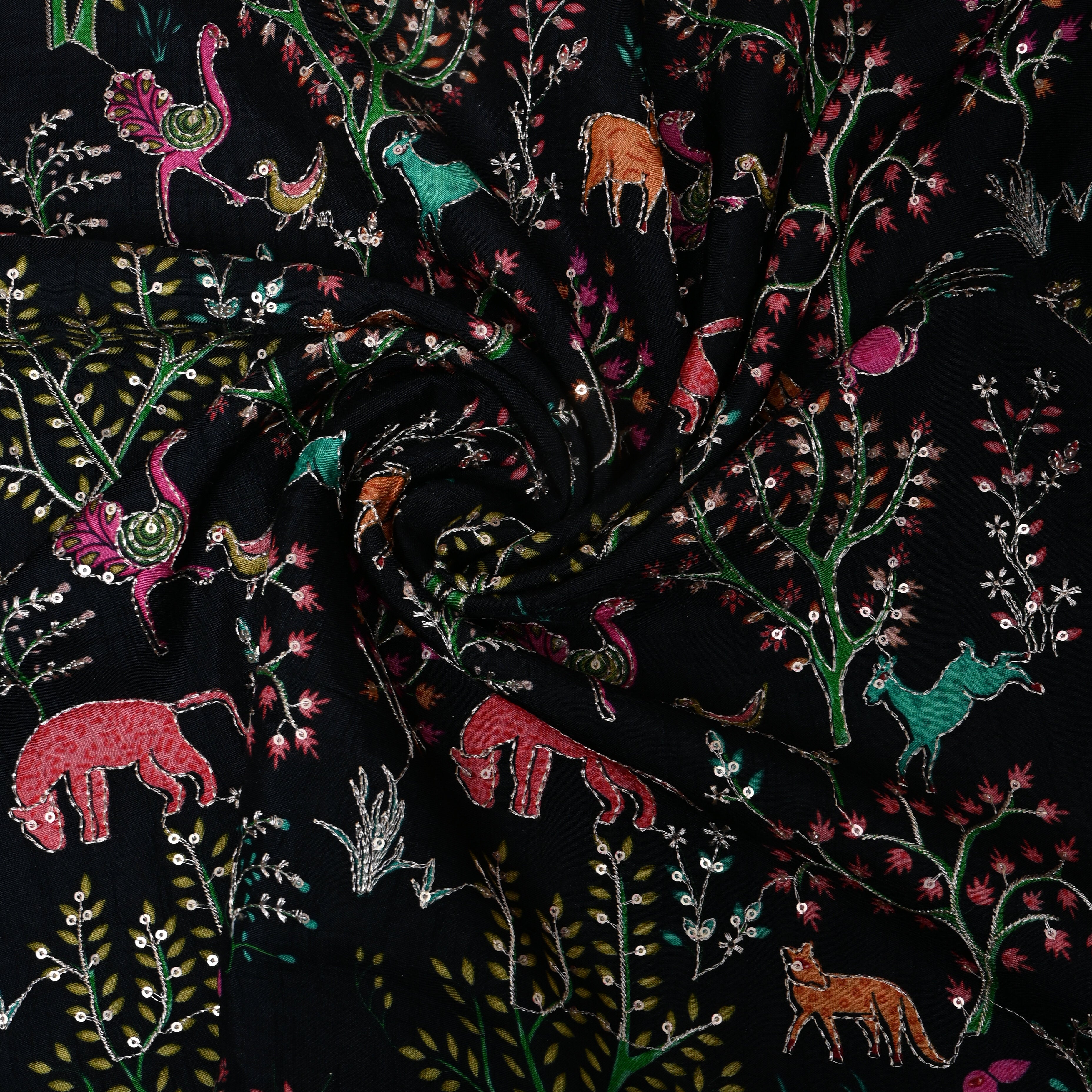Jet Black Shikargah Animal Sequin Embroidery Cotton Fabric