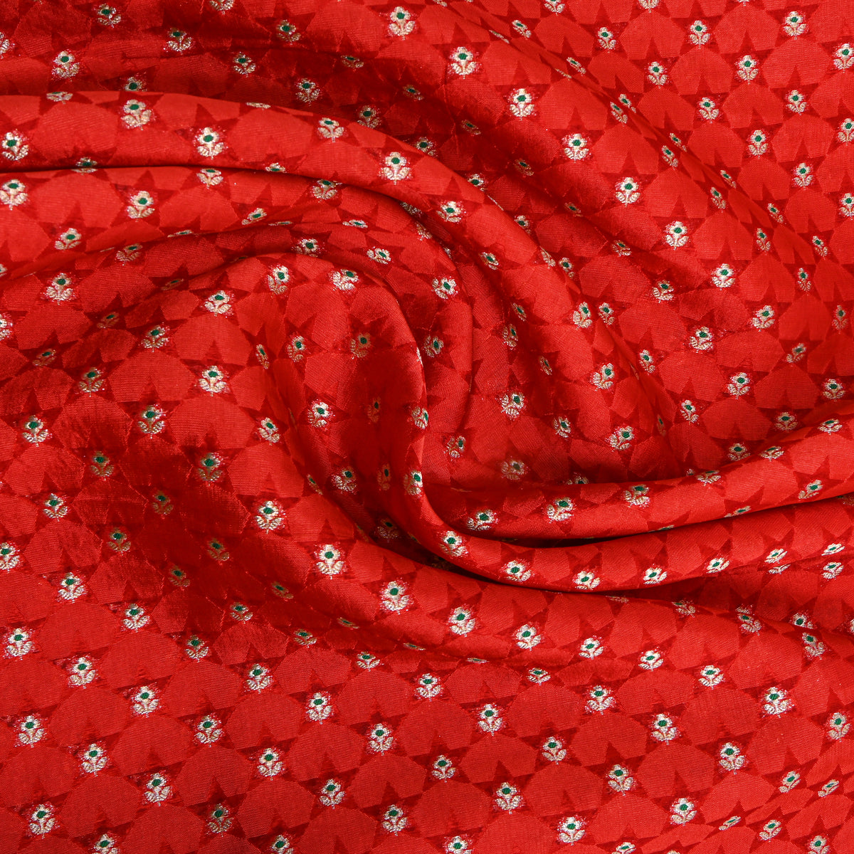 Scarlet Red Silver Zari Butti Self Weave Jamawar Silk Fabric