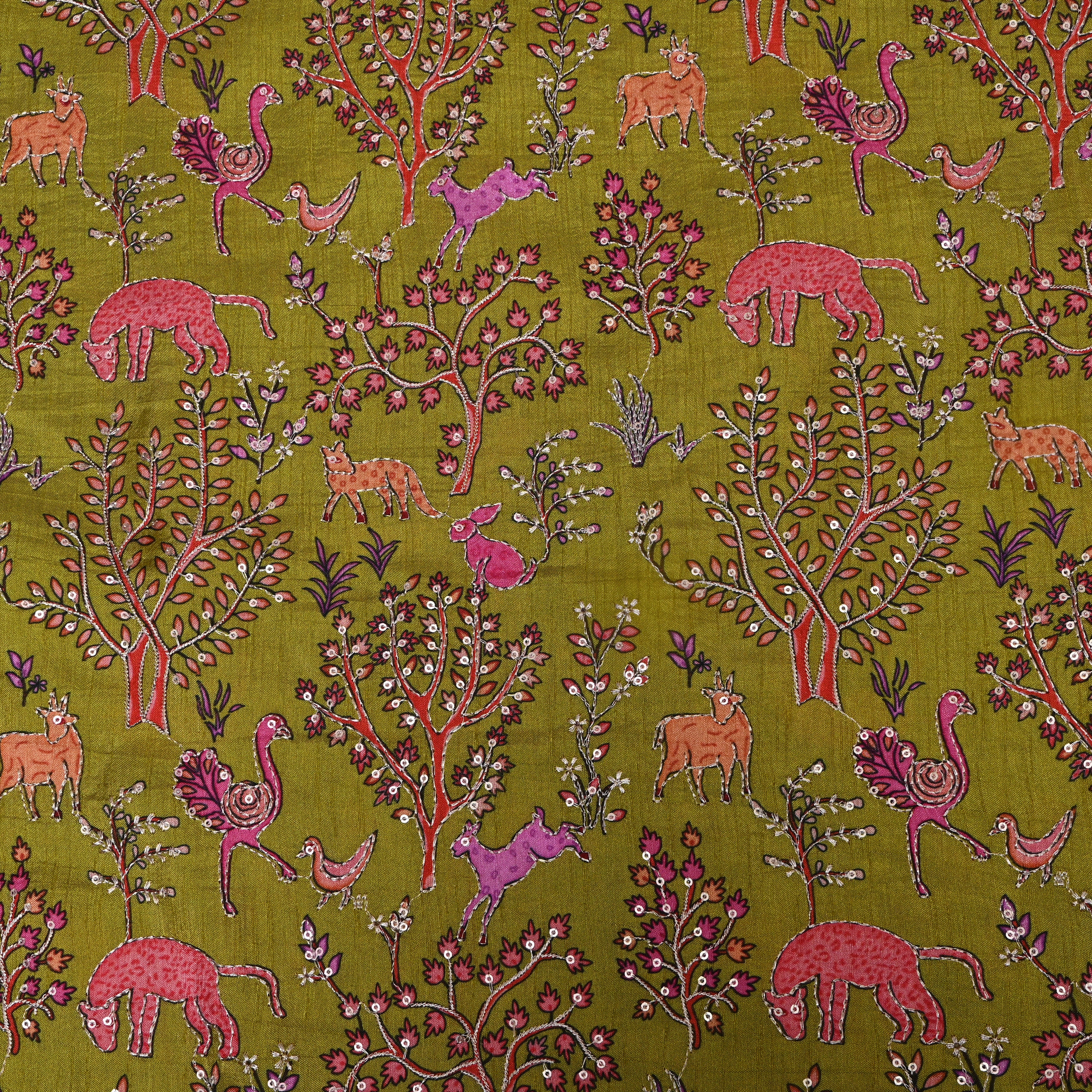 Olive Green Shikargah Animal Sequin Embroidery Cotton Fabric