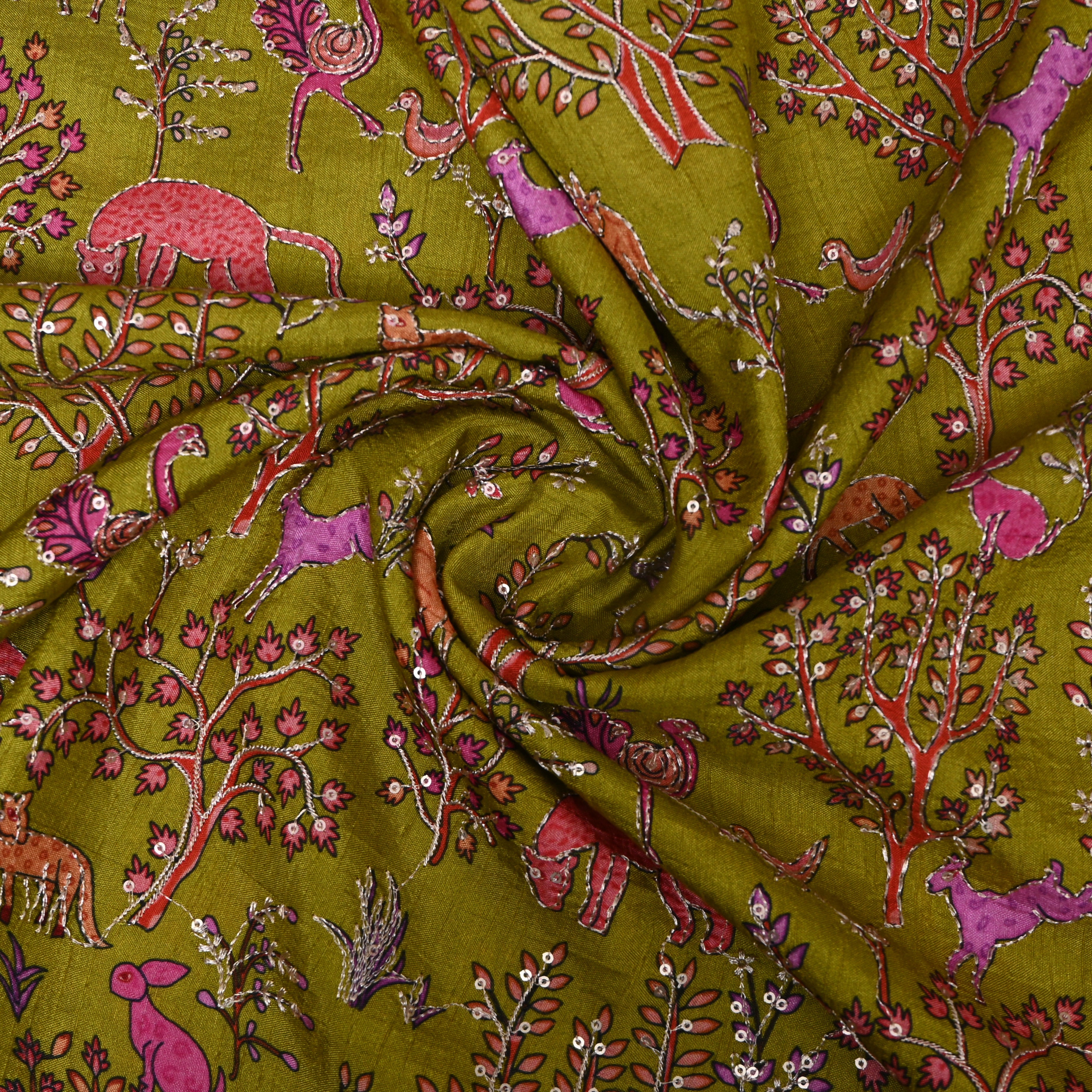 Olive Green Shikargah Animal Sequin Embroidery Cotton Fabric